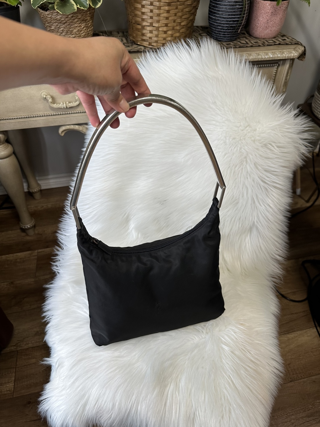 Authentic Prada Black Nylon Bag with Silver Handle