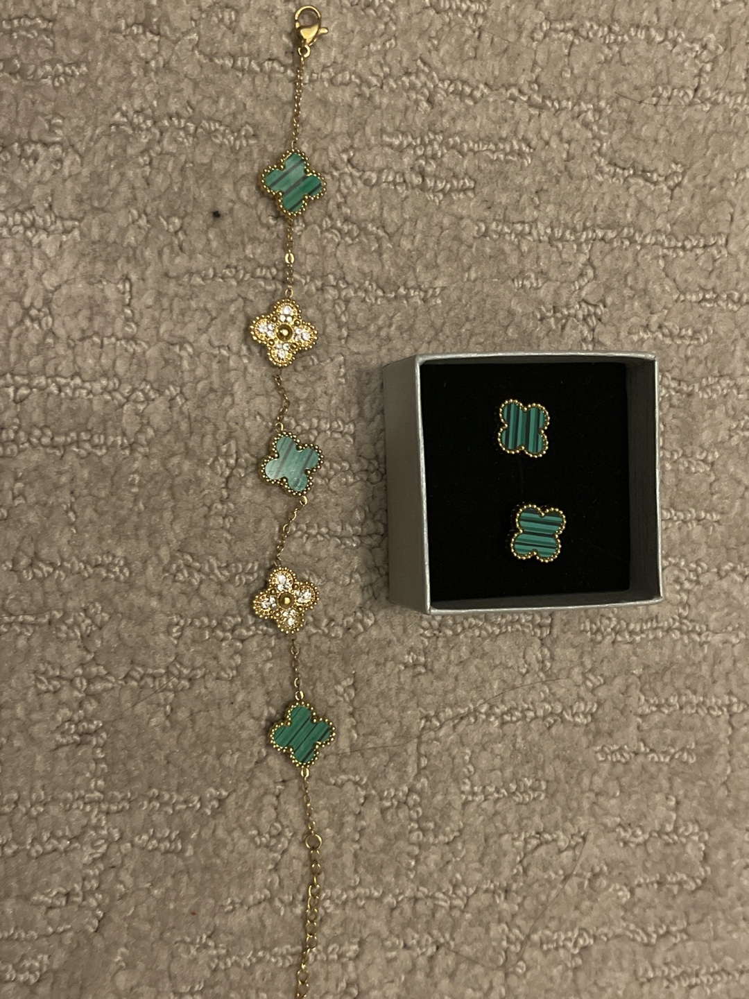Gold Bracelet and Earring Set with Green Stone