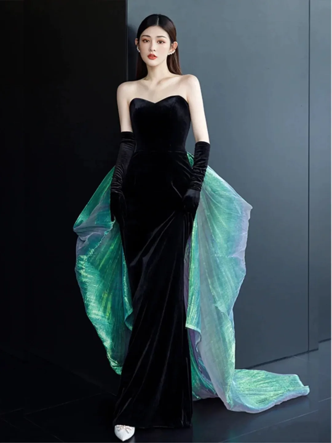 Black Velvet Evening Gown with Green Iridescent Tulle Train thumbnail