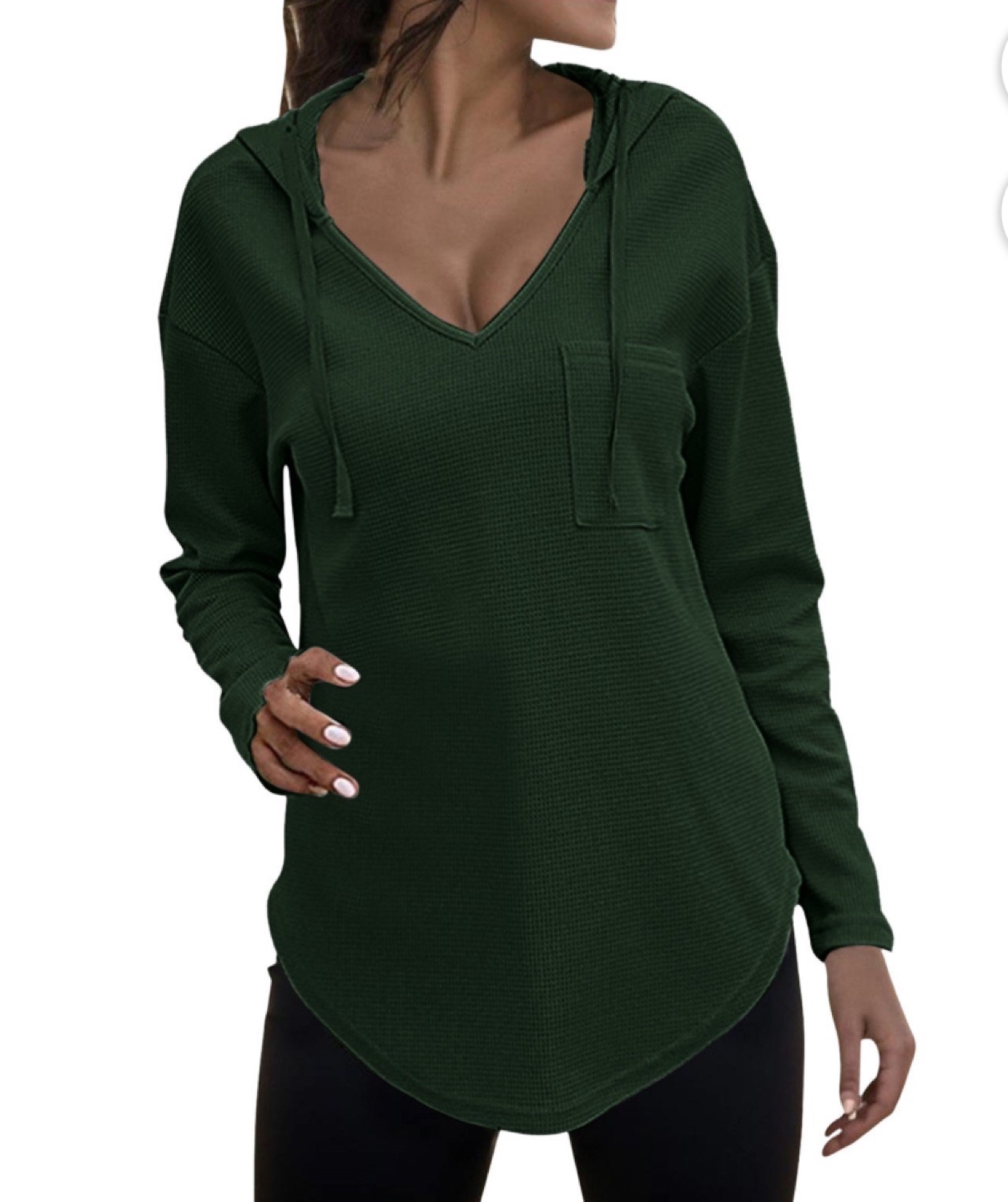 NEW! RIROW Dark Green Drawstring Waffle Knit V-Neck Hoodie - photo 2