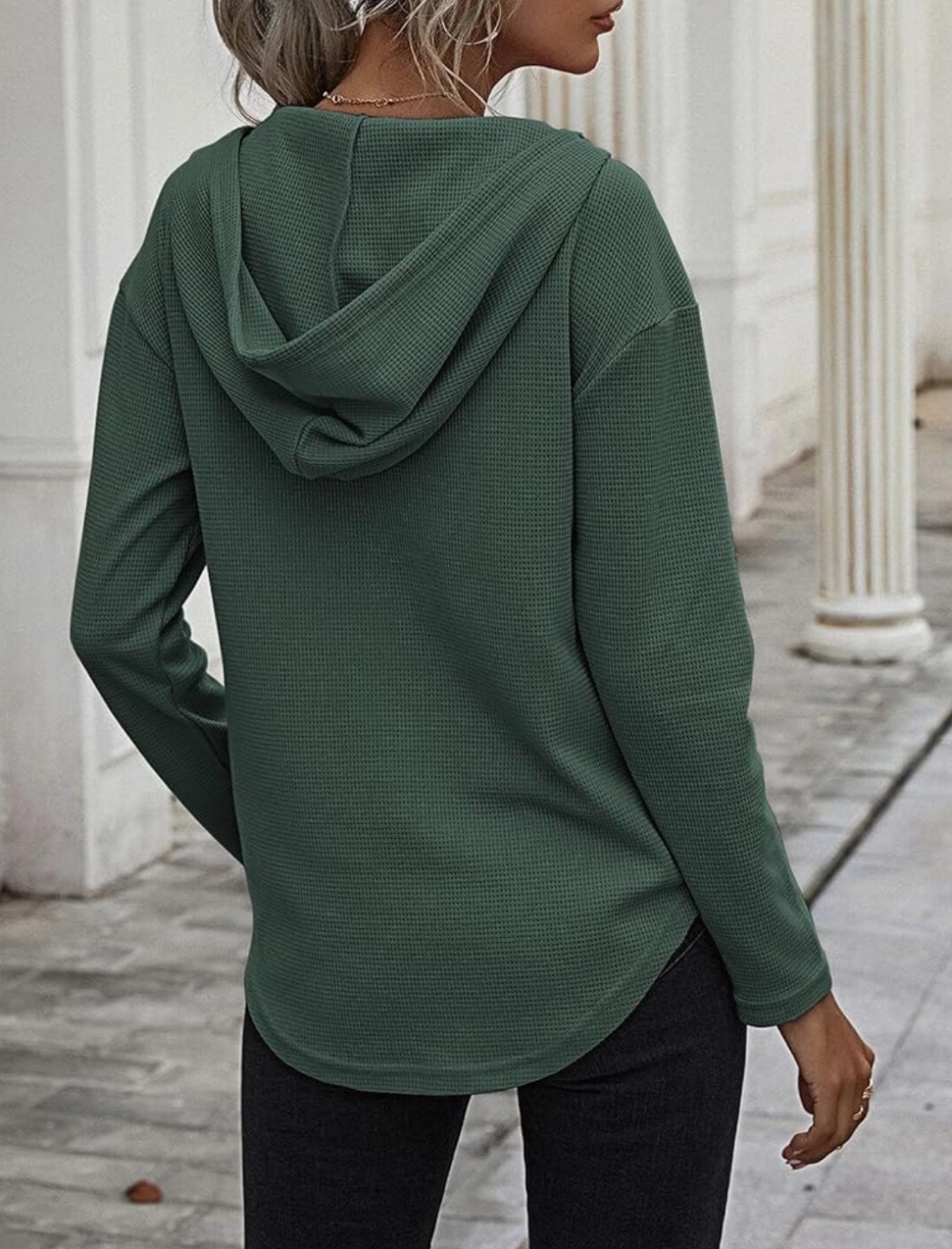 NEW! RIROW Dark Green Drawstring Waffle Knit V-Neck Hoodie - photo 3