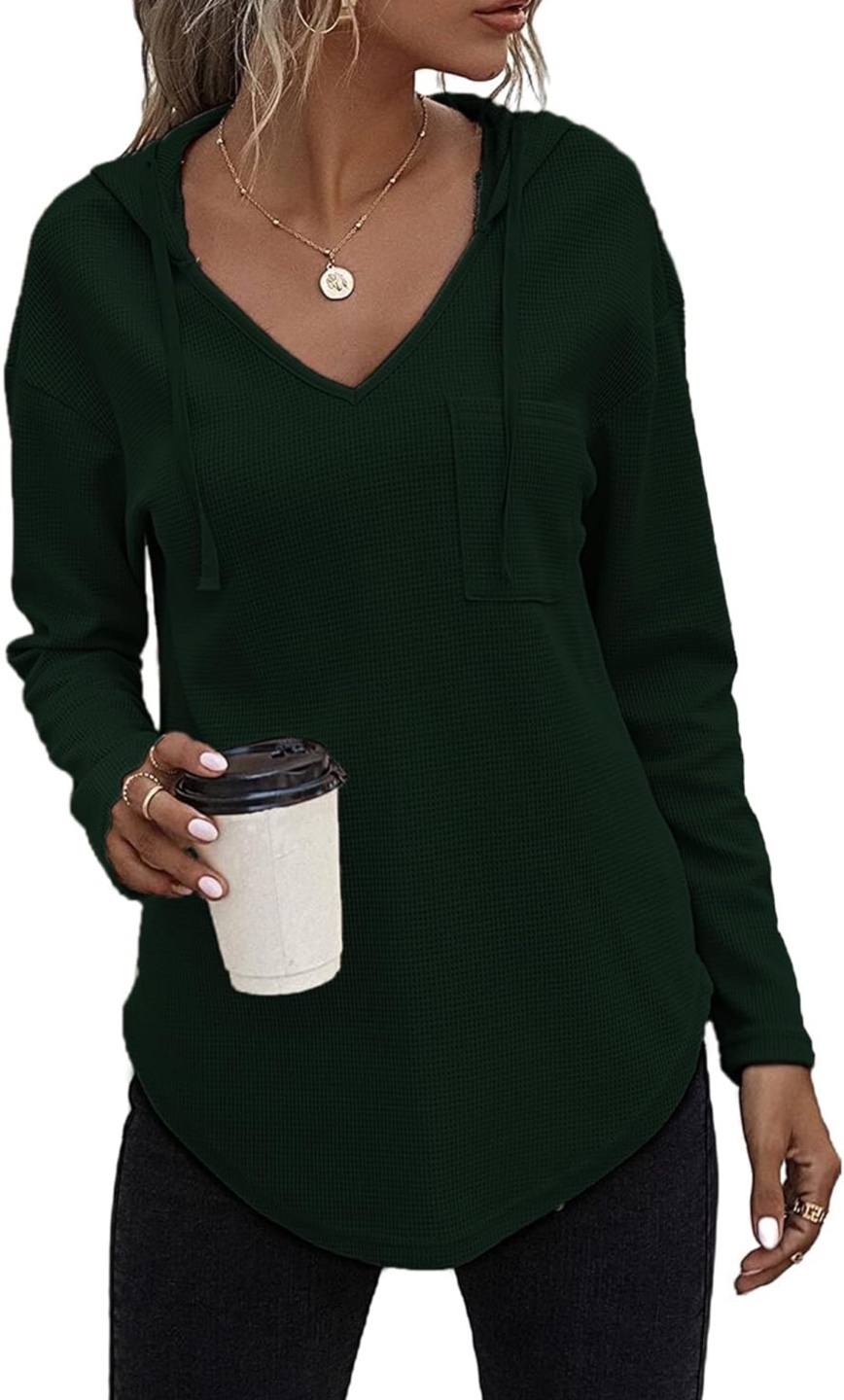 NEW! RIROW Dark Green Drawstring Waffle Knit V-Neck Hoodie