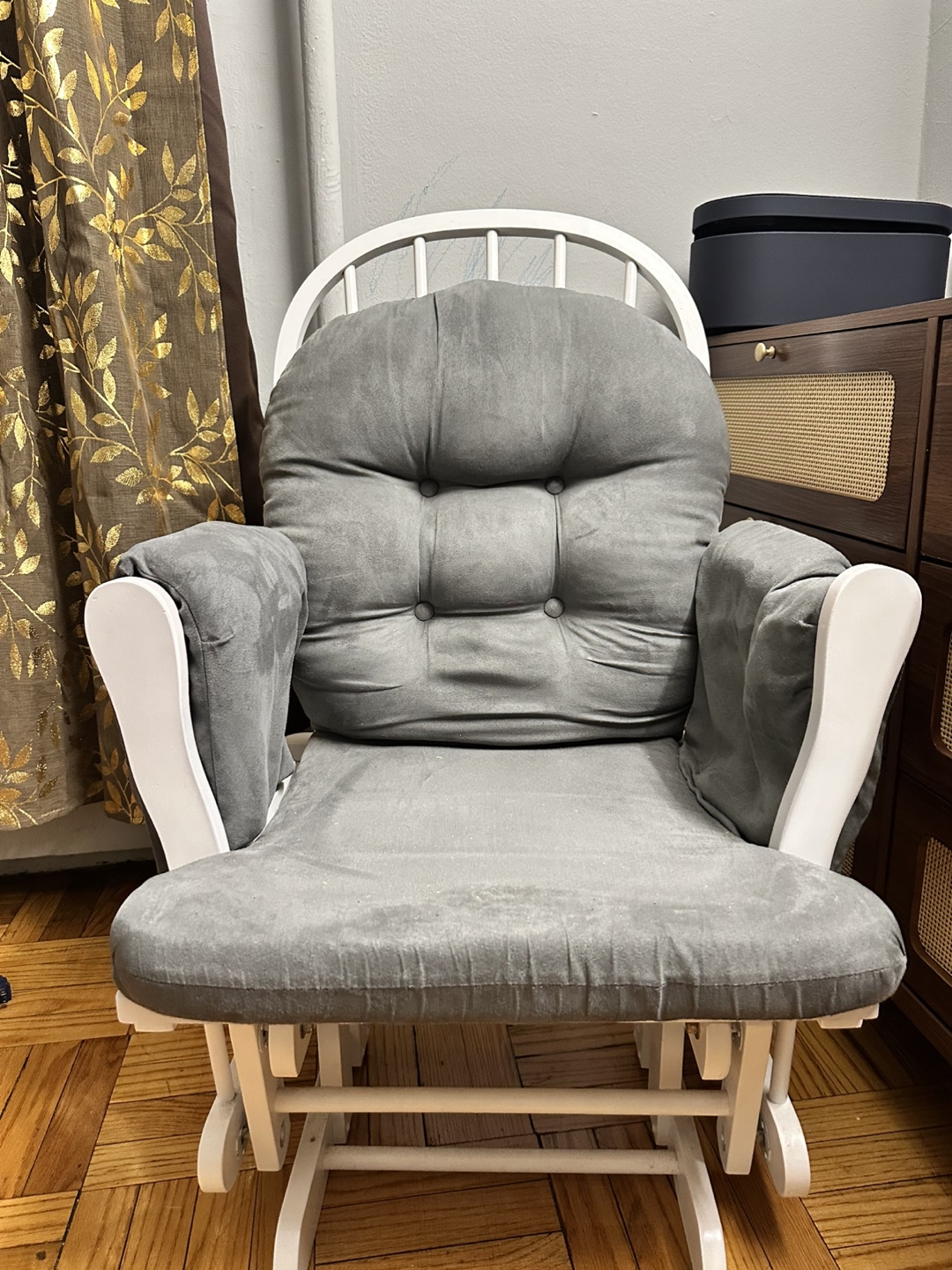 White Rocking Chair with Gray Cushions