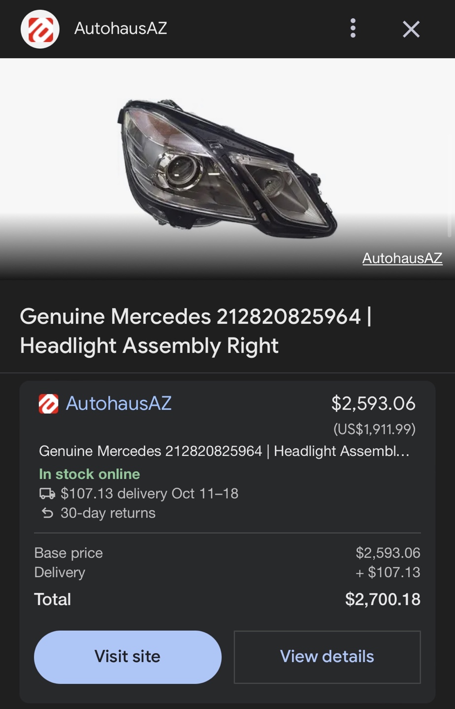 OEM W212 Mercedes Driver’s side Headlights