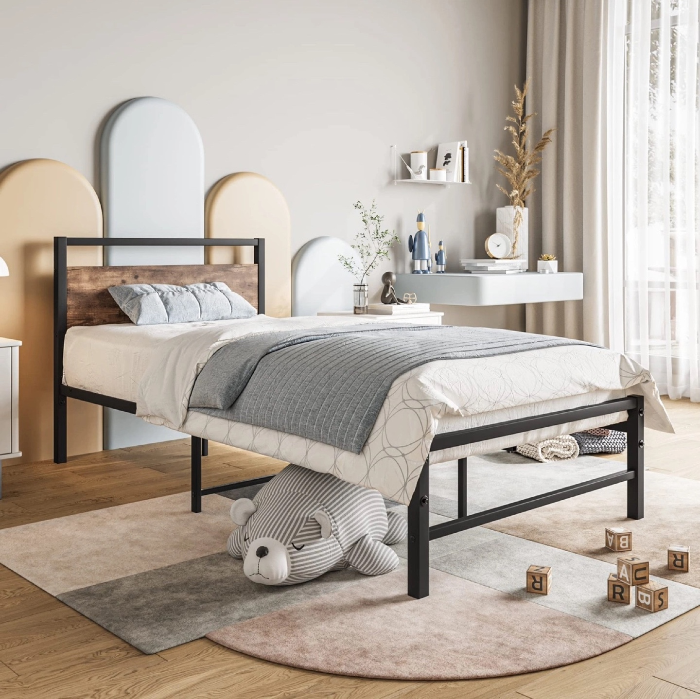 Metal Bed Frame with wooden headboard (TWIN)