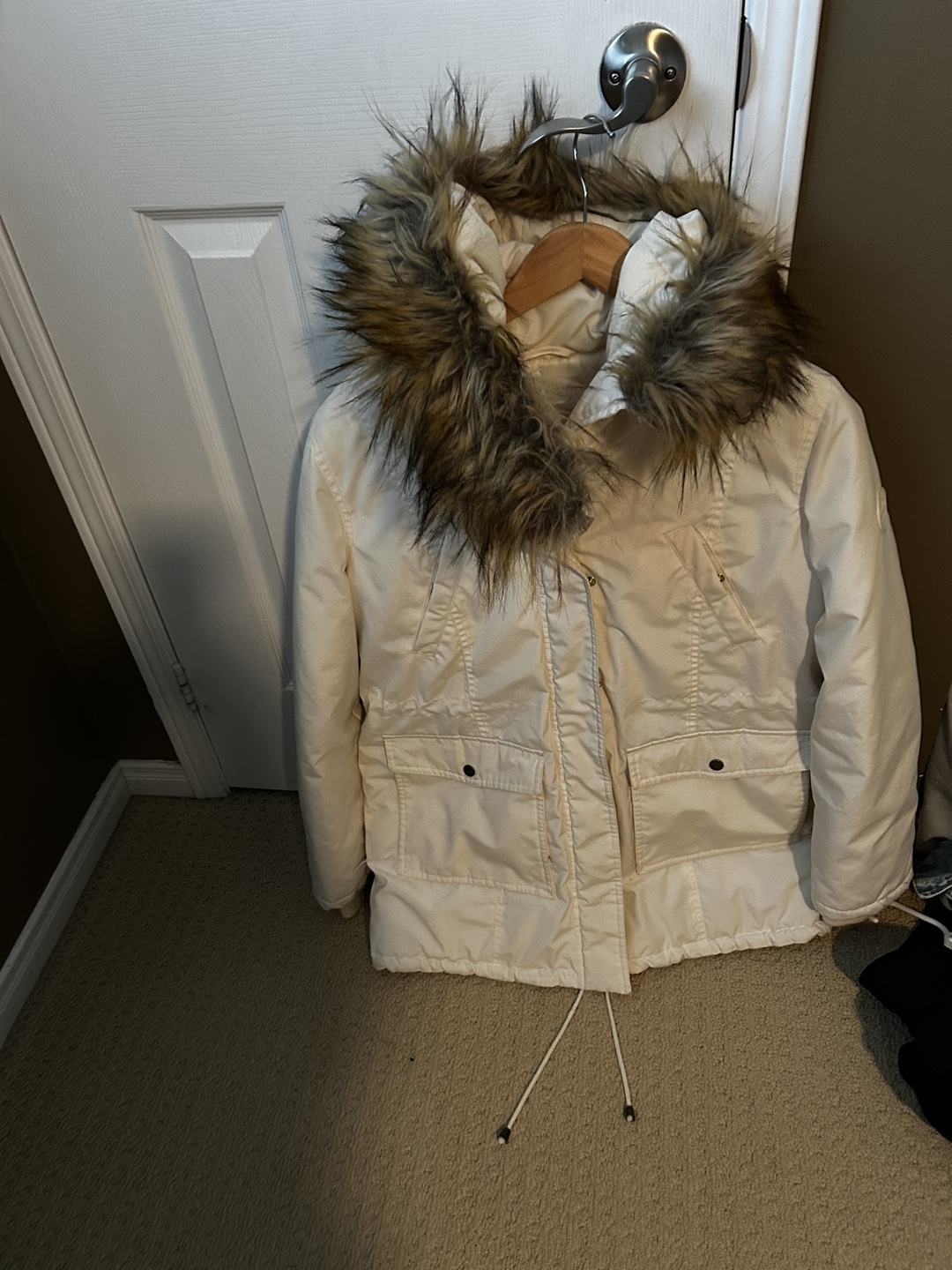 DKNY White Winter Coat with Fur Hood