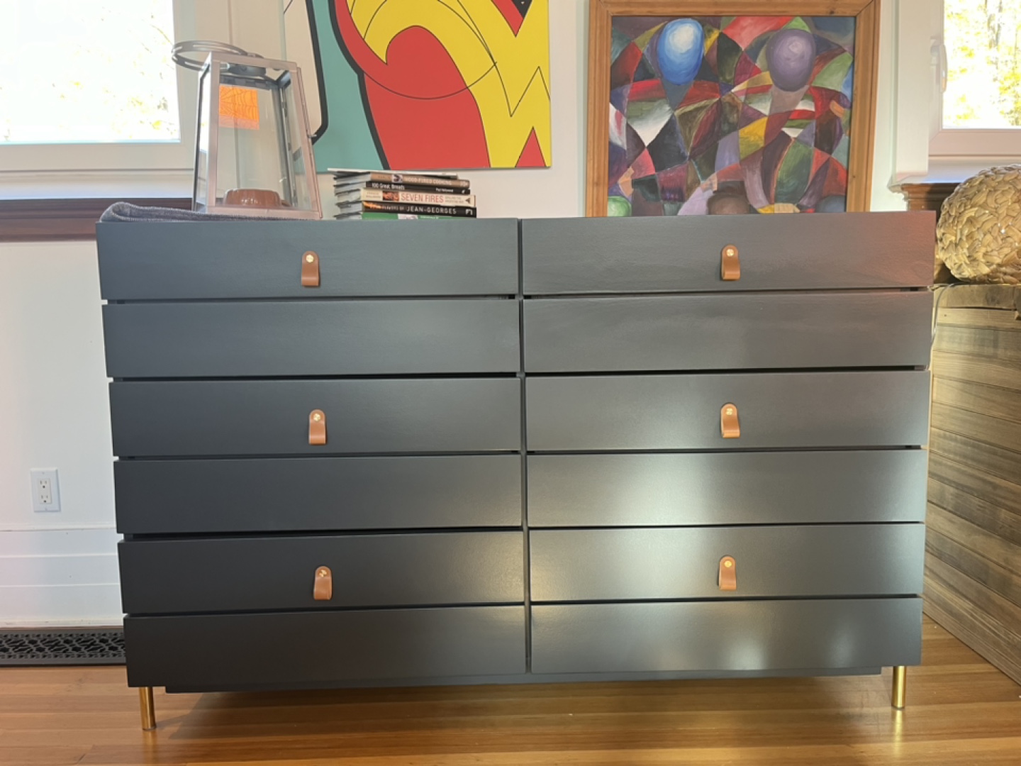 6 Drawer Dresser with Leather Pulls and Brass Legs