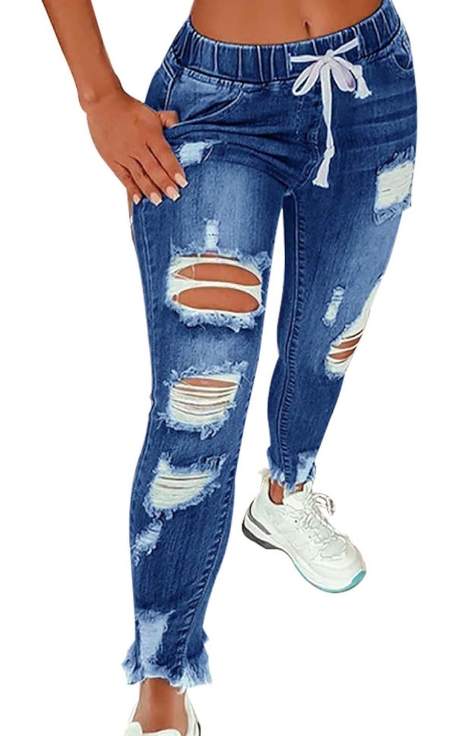 Distressed Denim Jeans with Drawstring Waist