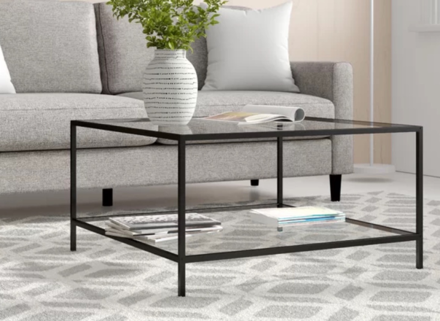 Glass Coffee Table with Black Metal Frame
