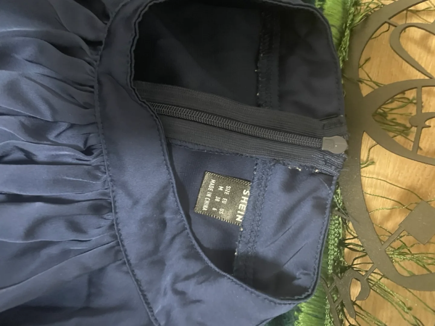 Navy Blue Satin Long Sleeve Dress with Feather Detail image indicator(2)