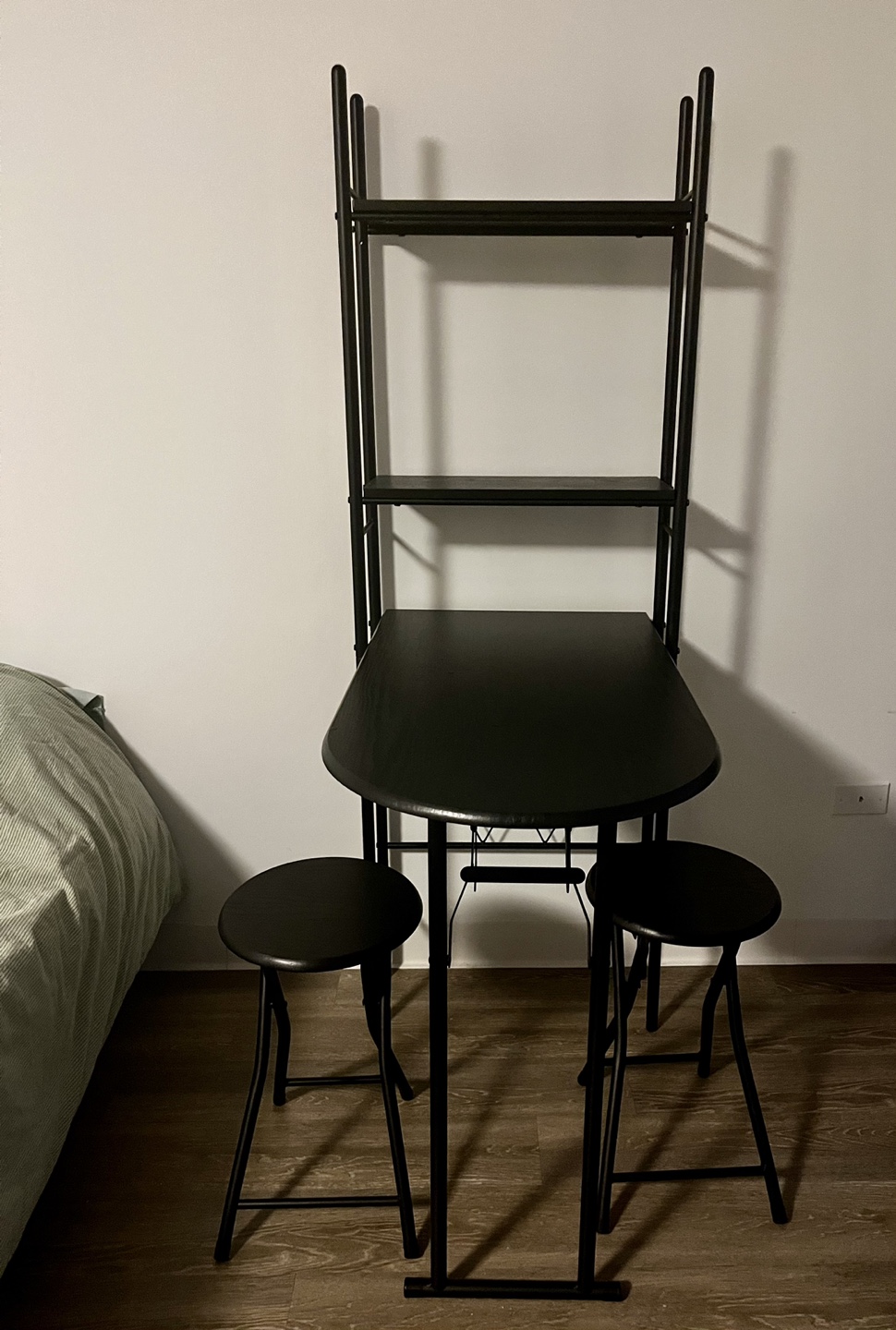 Black Fold-Down Table with Two Stools and Shelf
