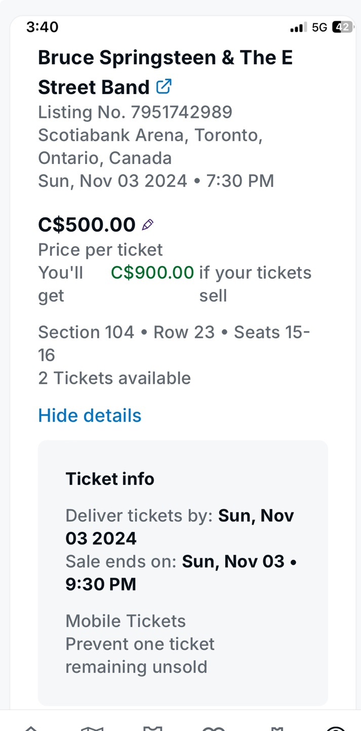 2 Bruce Springsteen & The E Street Band Concert Tickets