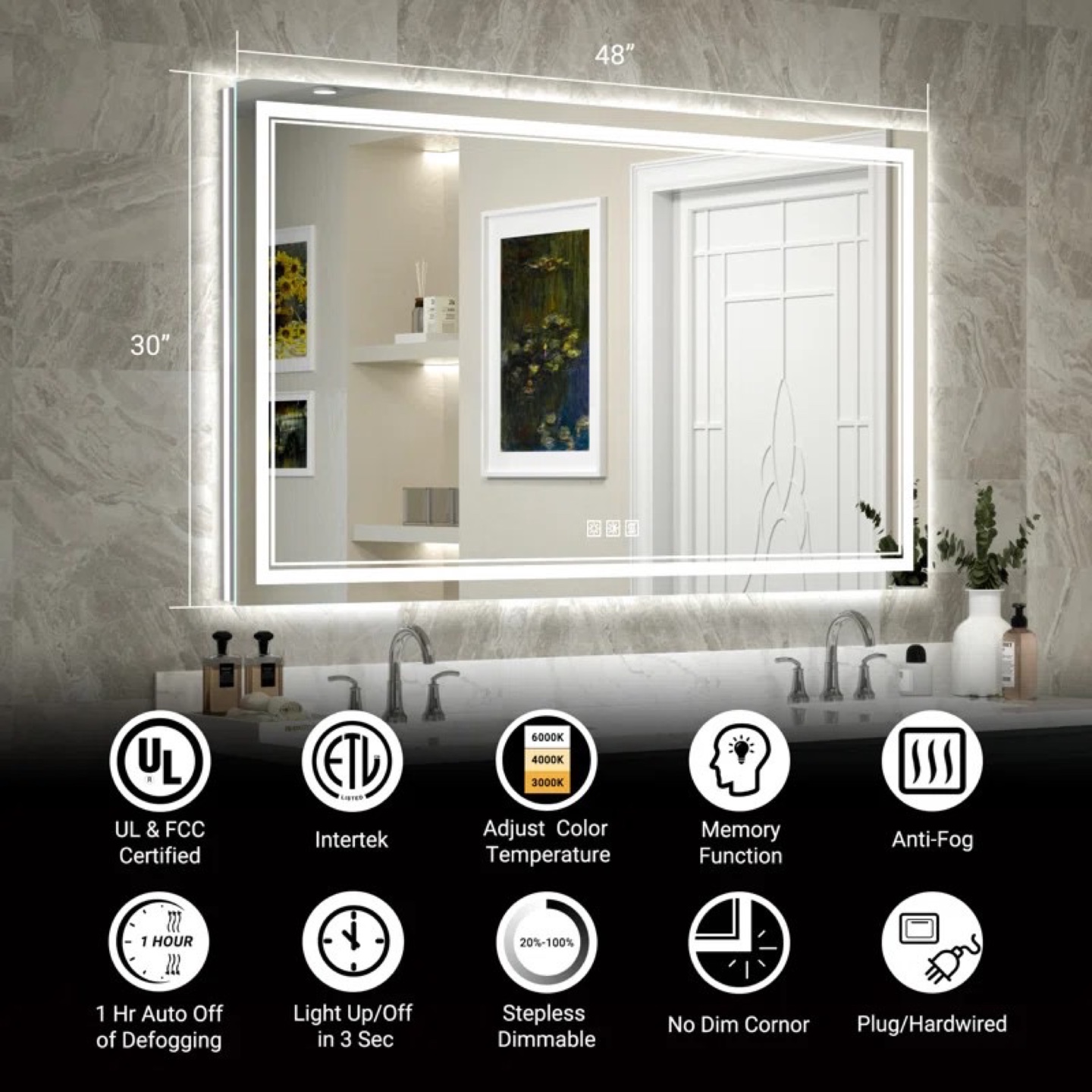 LED bathroom mirror with anti fog and double light strips - photo 3