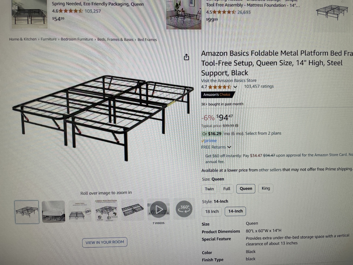 Foldable Metal Platform Bed Frame, Queen Size