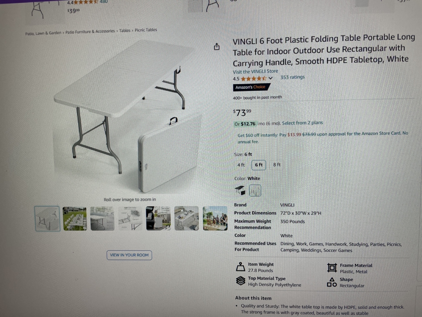 VINGLI 6 Foot Plastic Folding Table, White