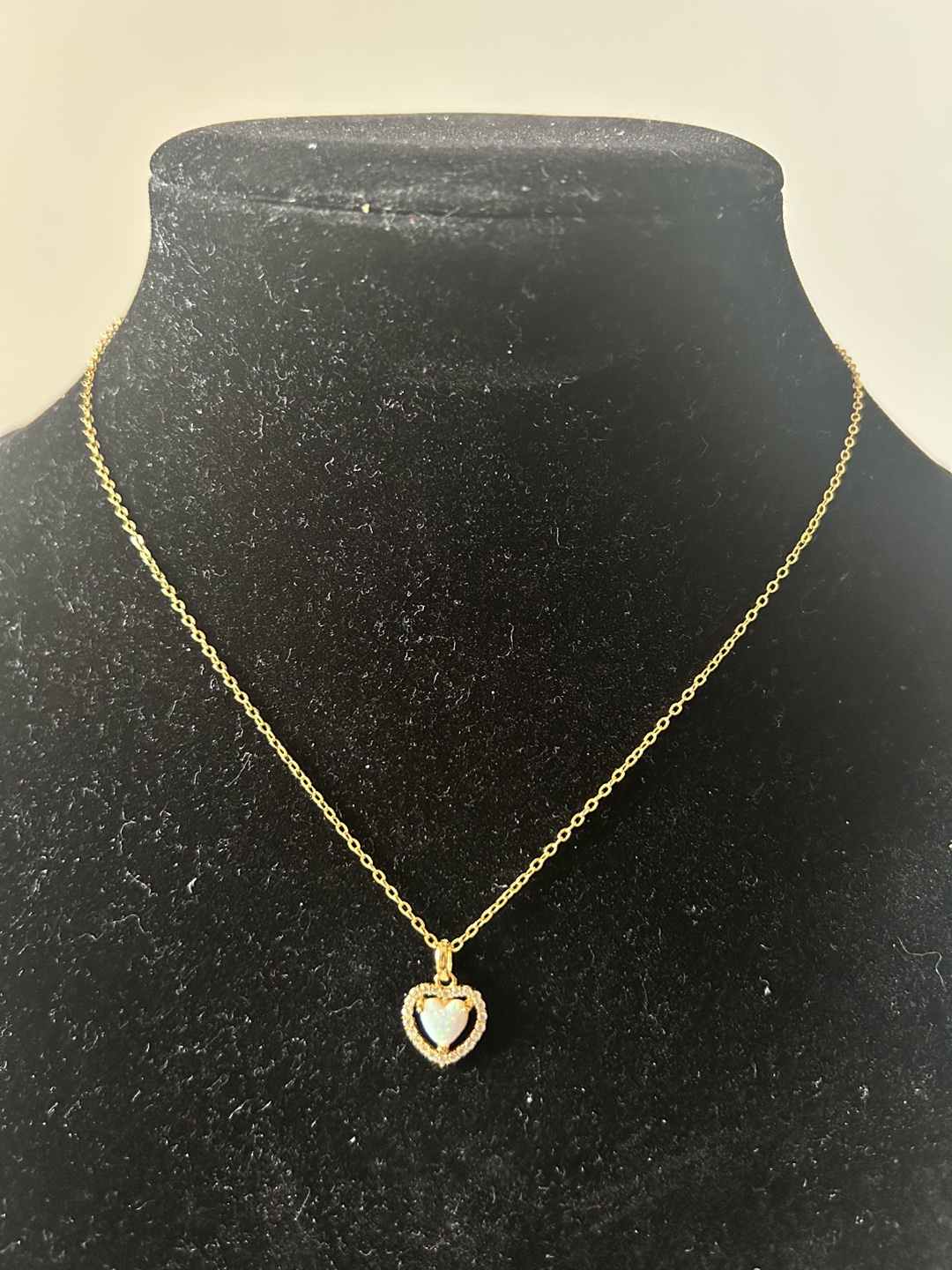 Gold Heart Necklace with White Opal