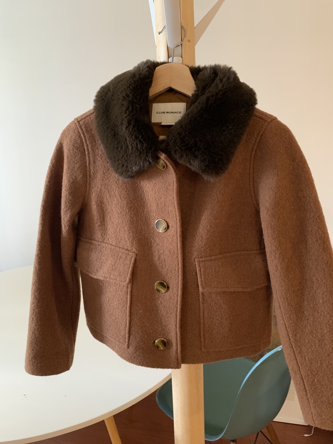Club Monaco Brown Wool Jacket with Faux Fur Collar
