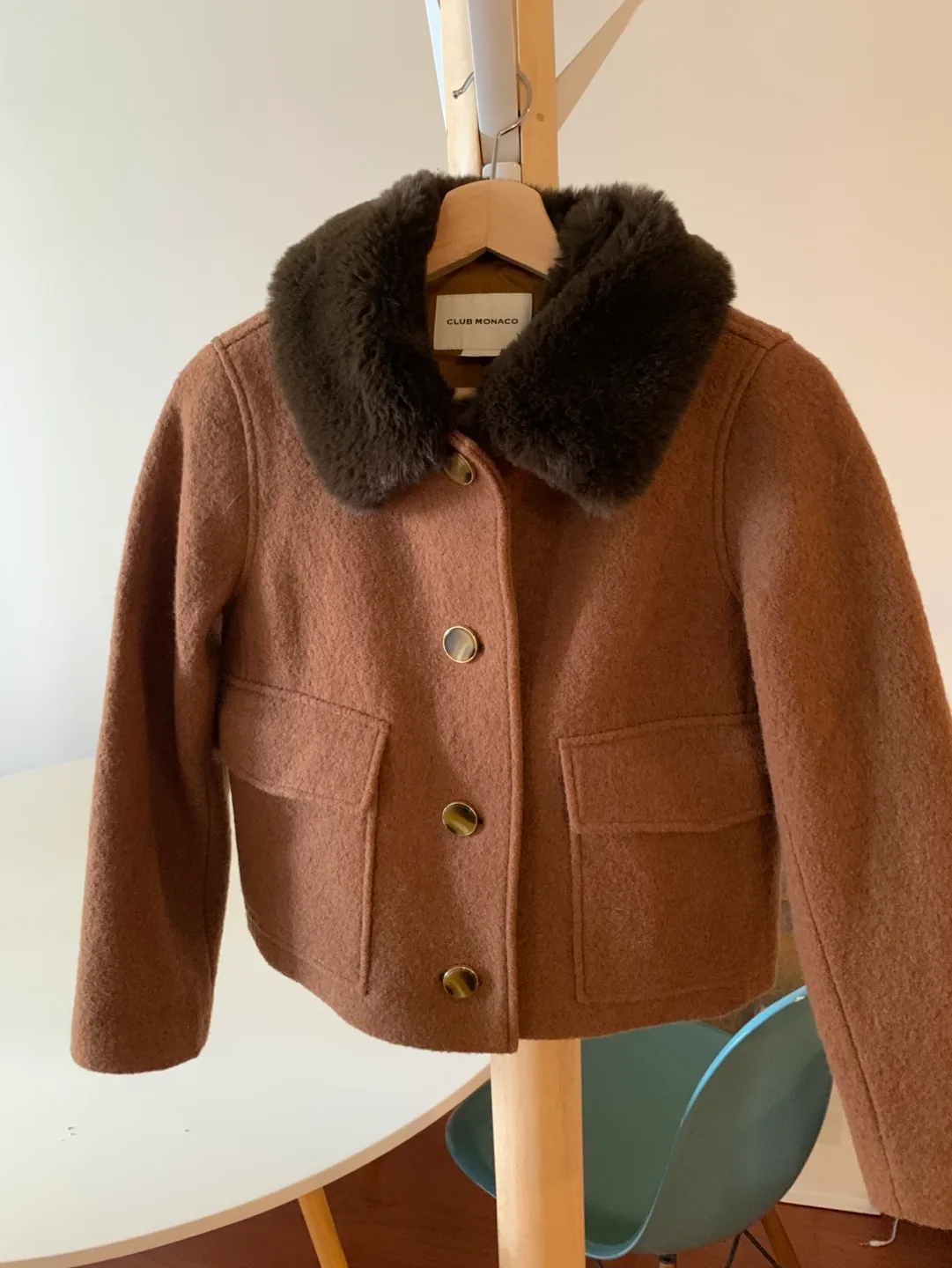 Club Monaco Brown Wool Jacket with Faux Fur Collar thumbnail