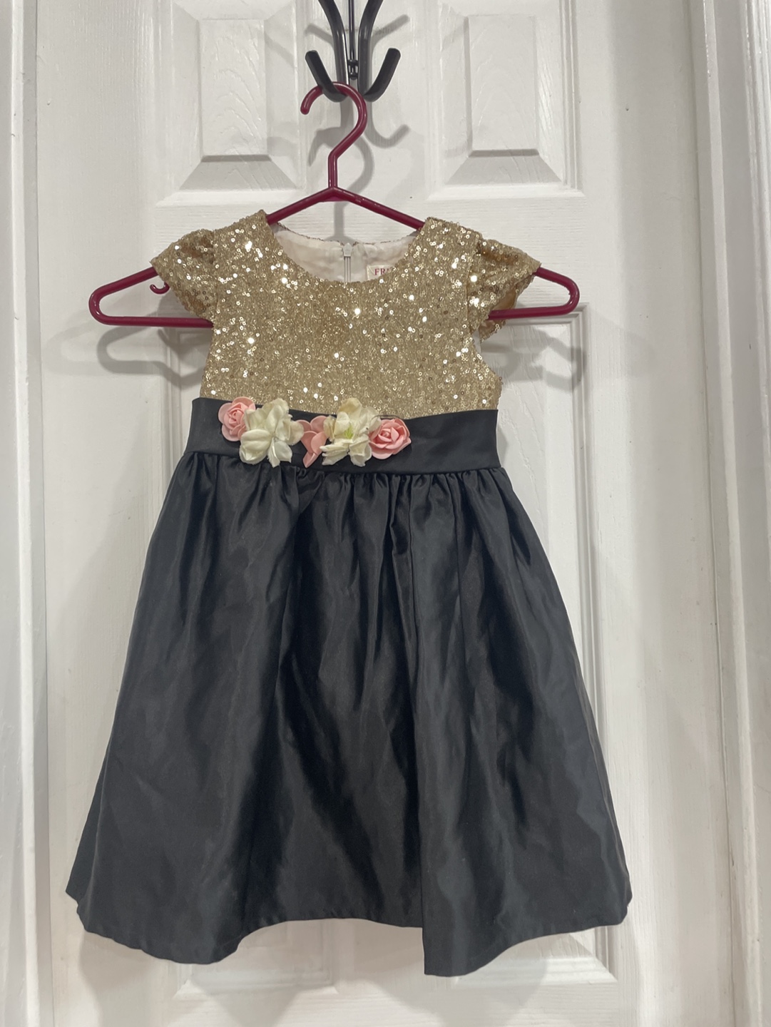 Girls' Gold Sequined Dress with Flower Detail