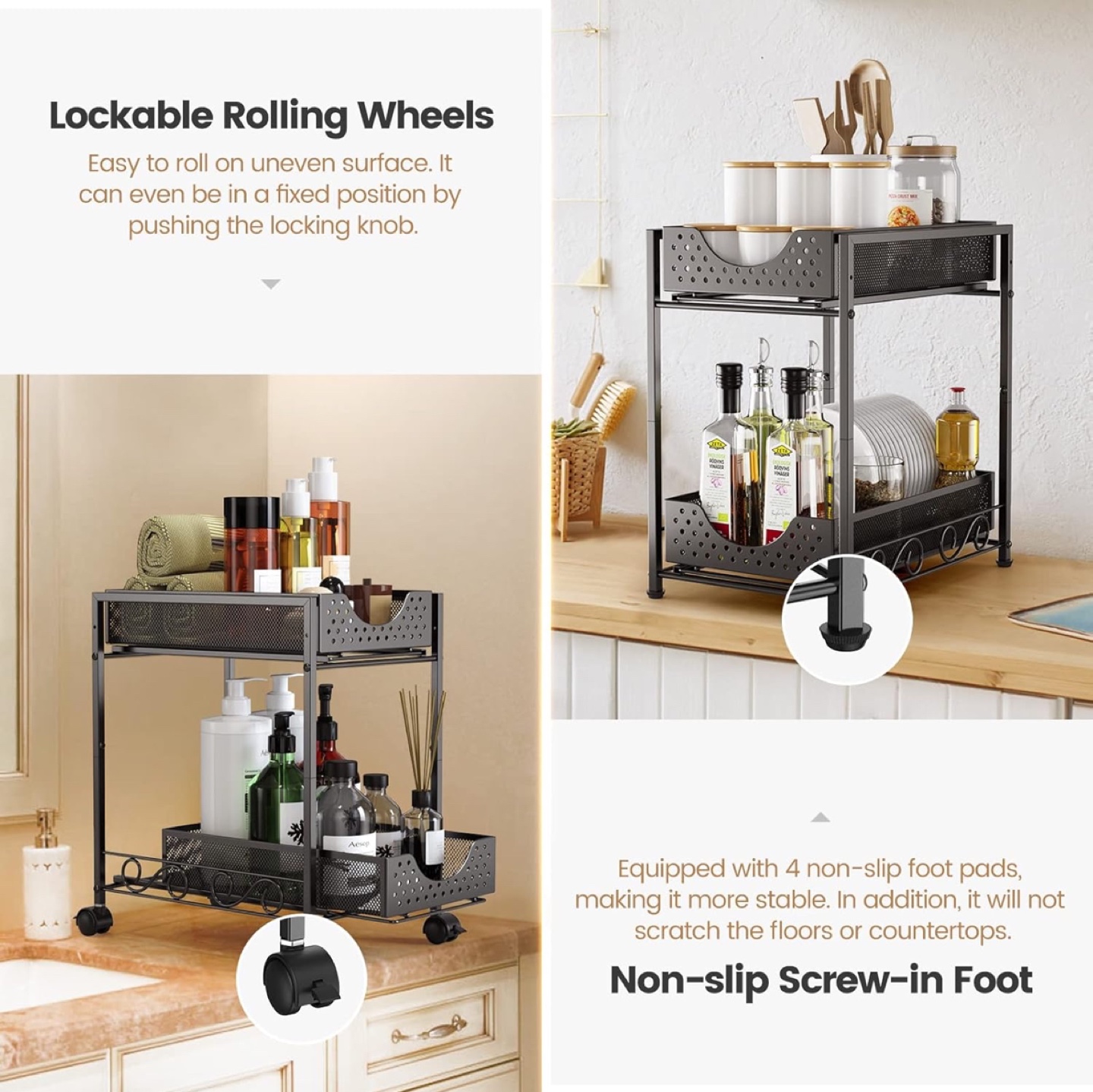 Black 2-Tier (2 pack) Rolling under sink Storage Organizer - photo 3