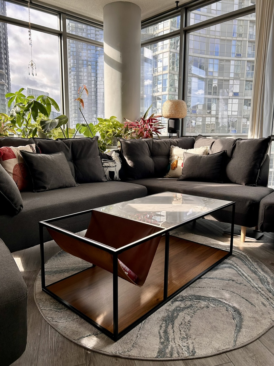 Modern Marble Coffee Table with Leather Magazine Holder