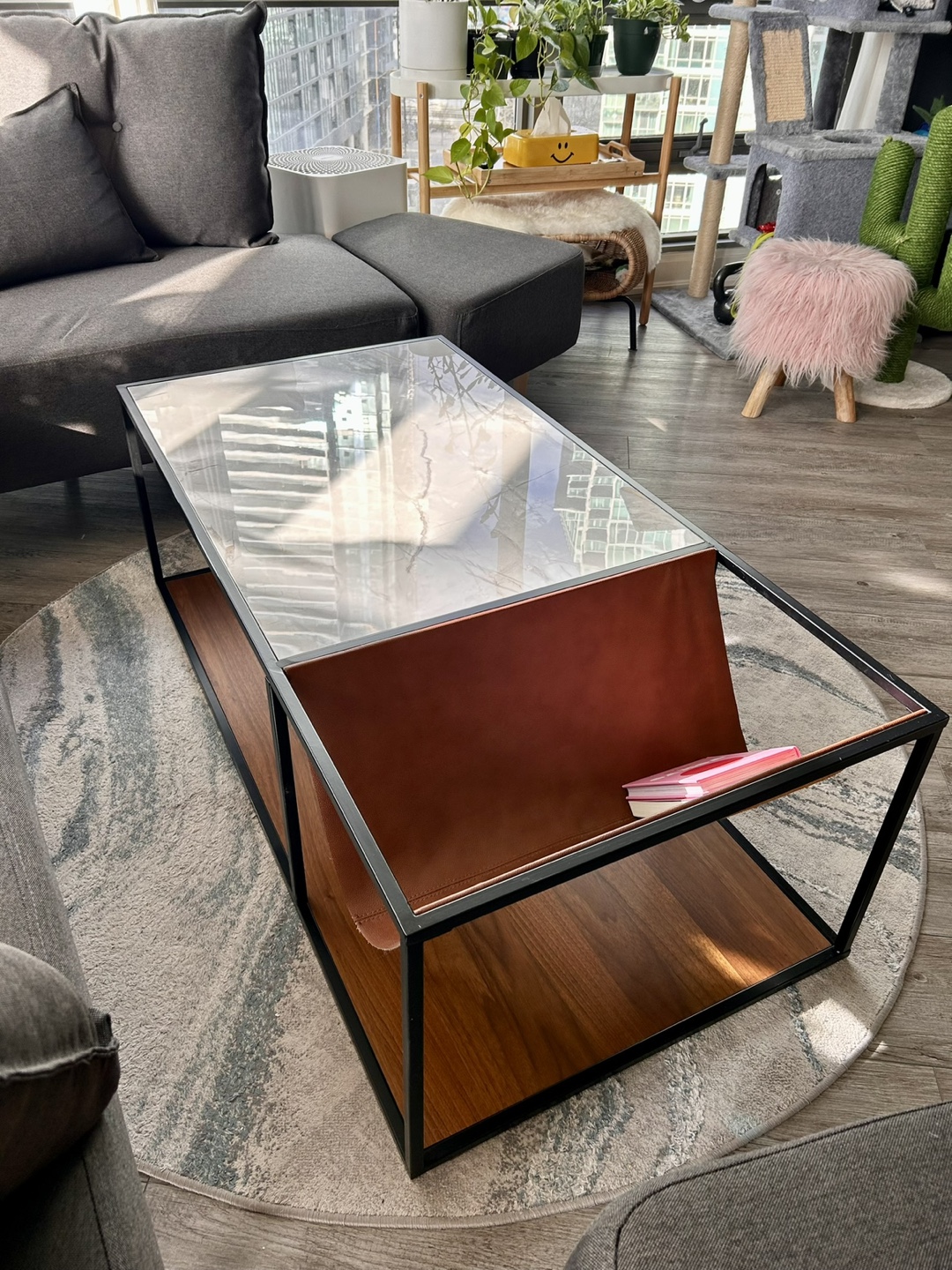 Modern Marble Coffee Table with Leather Magazine Holder - photo 4