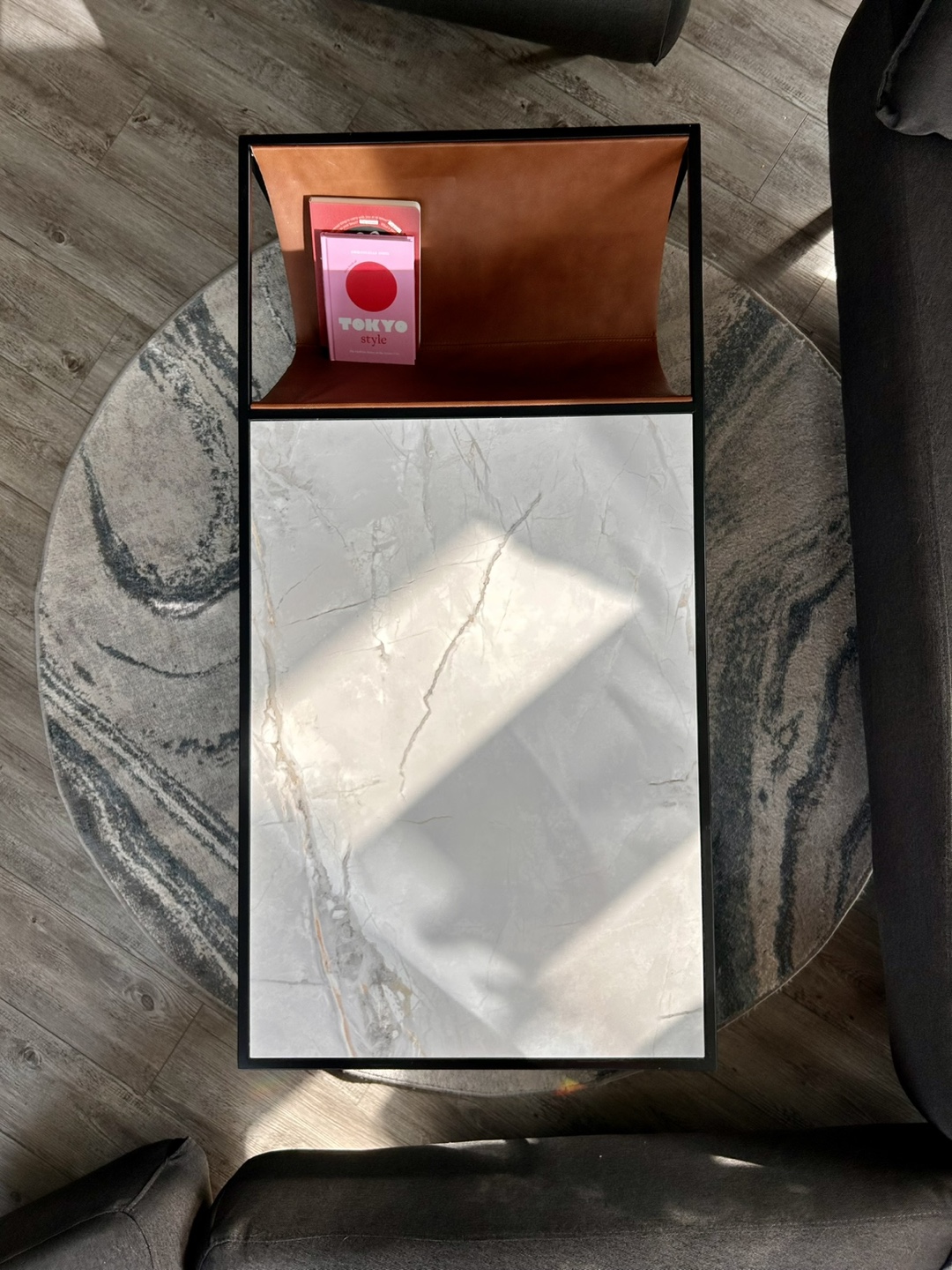 Modern Marble Coffee Table with Leather Magazine Holder - photo 3