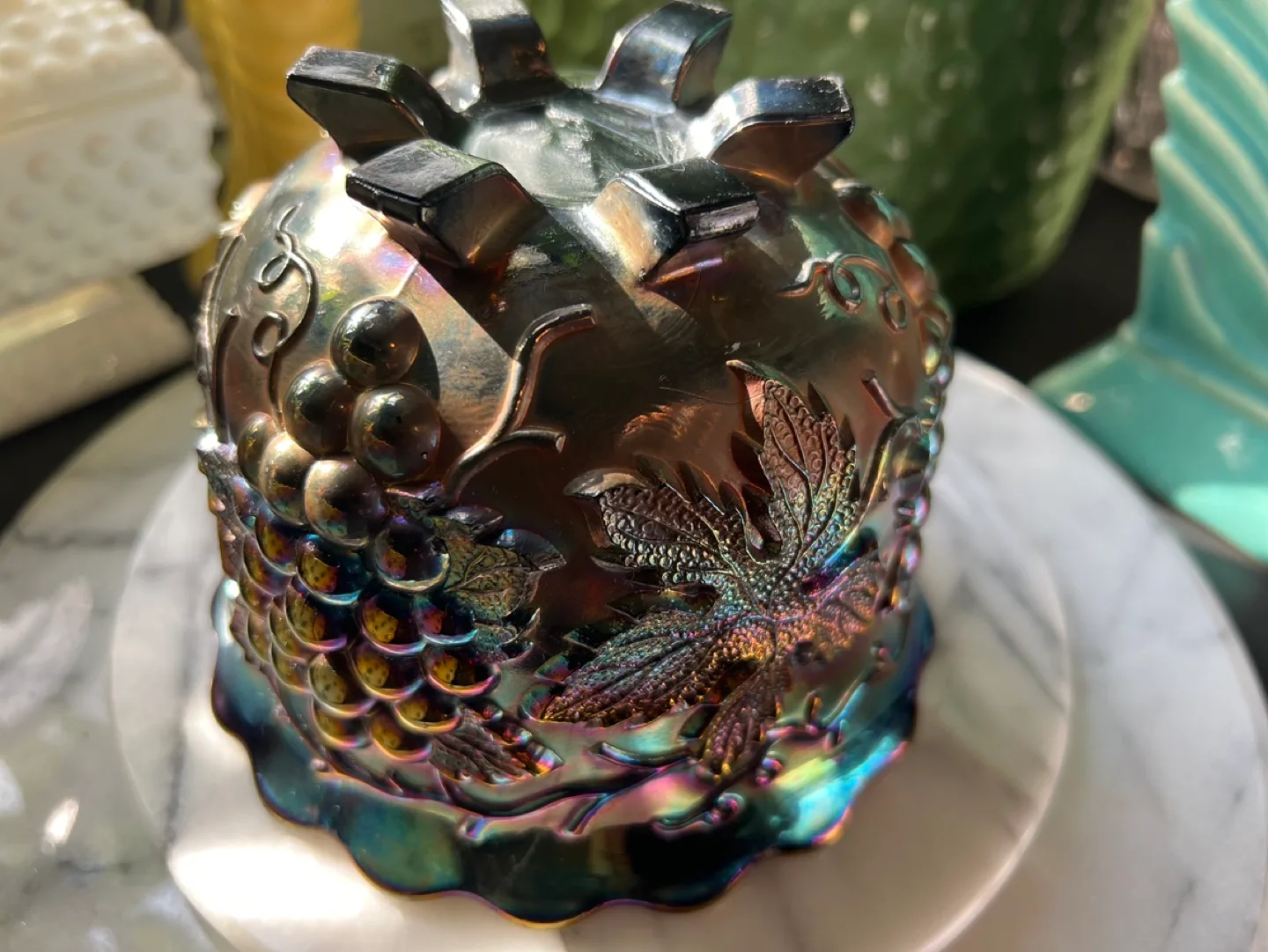 Antique Dugan Carnival Glass Grape Pattern Bowl image indicator(3)