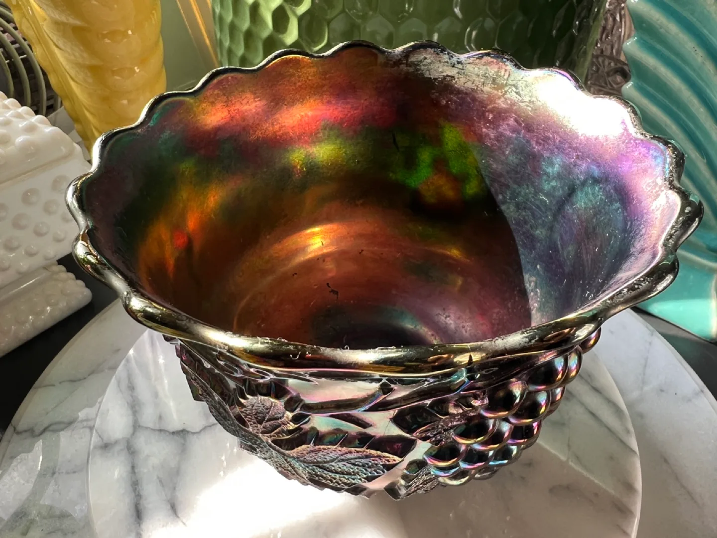 Antique Dugan Carnival Glass Grape Pattern Bowl image indicator(2)