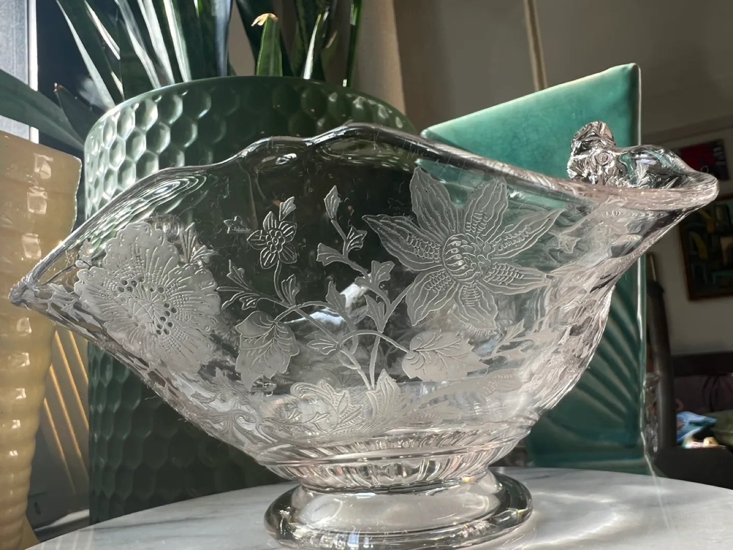 Vintage Cambridge Etched Glass Bowl with Handle image indicator(4)