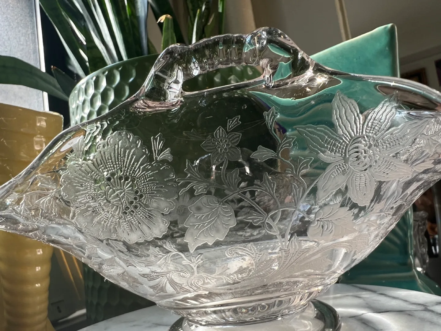 Vintage Cambridge Etched Glass Bowl with Handle image indicator(3)