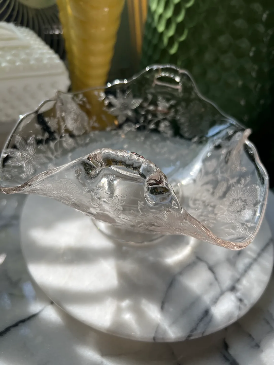Vintage Cambridge Etched Glass Bowl with Handle image indicator(2)