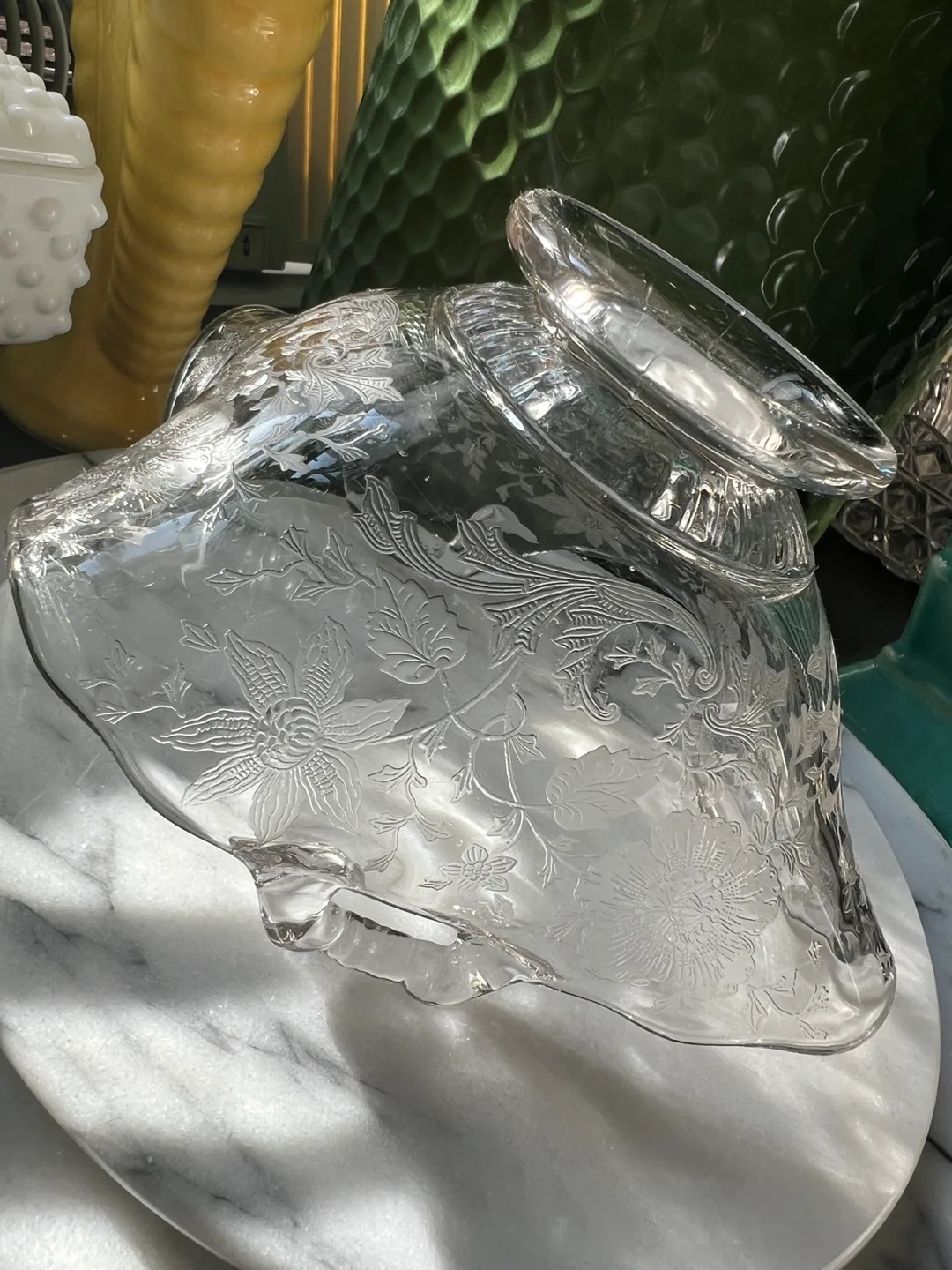 Vintage Cambridge Etched Glass Bowl with Handle image indicator(5)