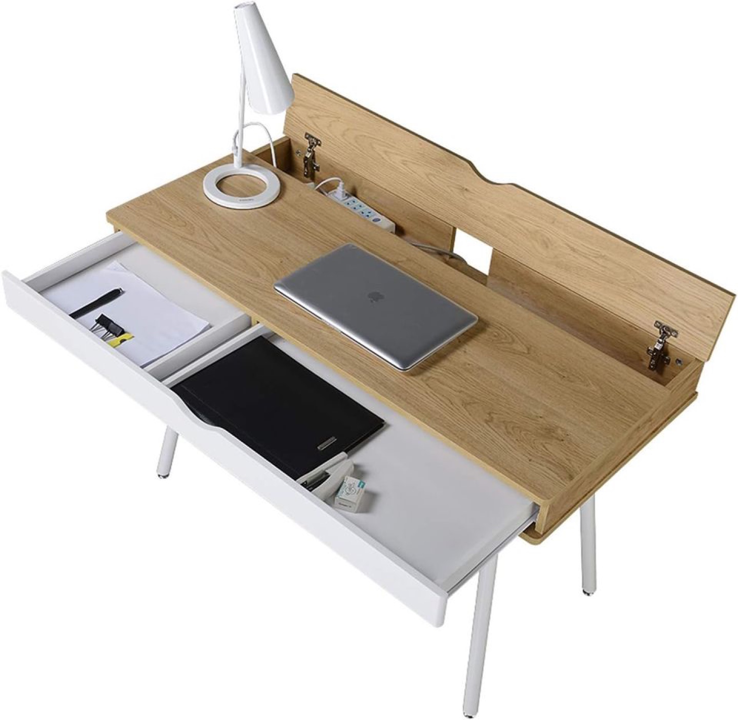 Modern White & Wood Computer Desk with Multiple Storage - photo 2