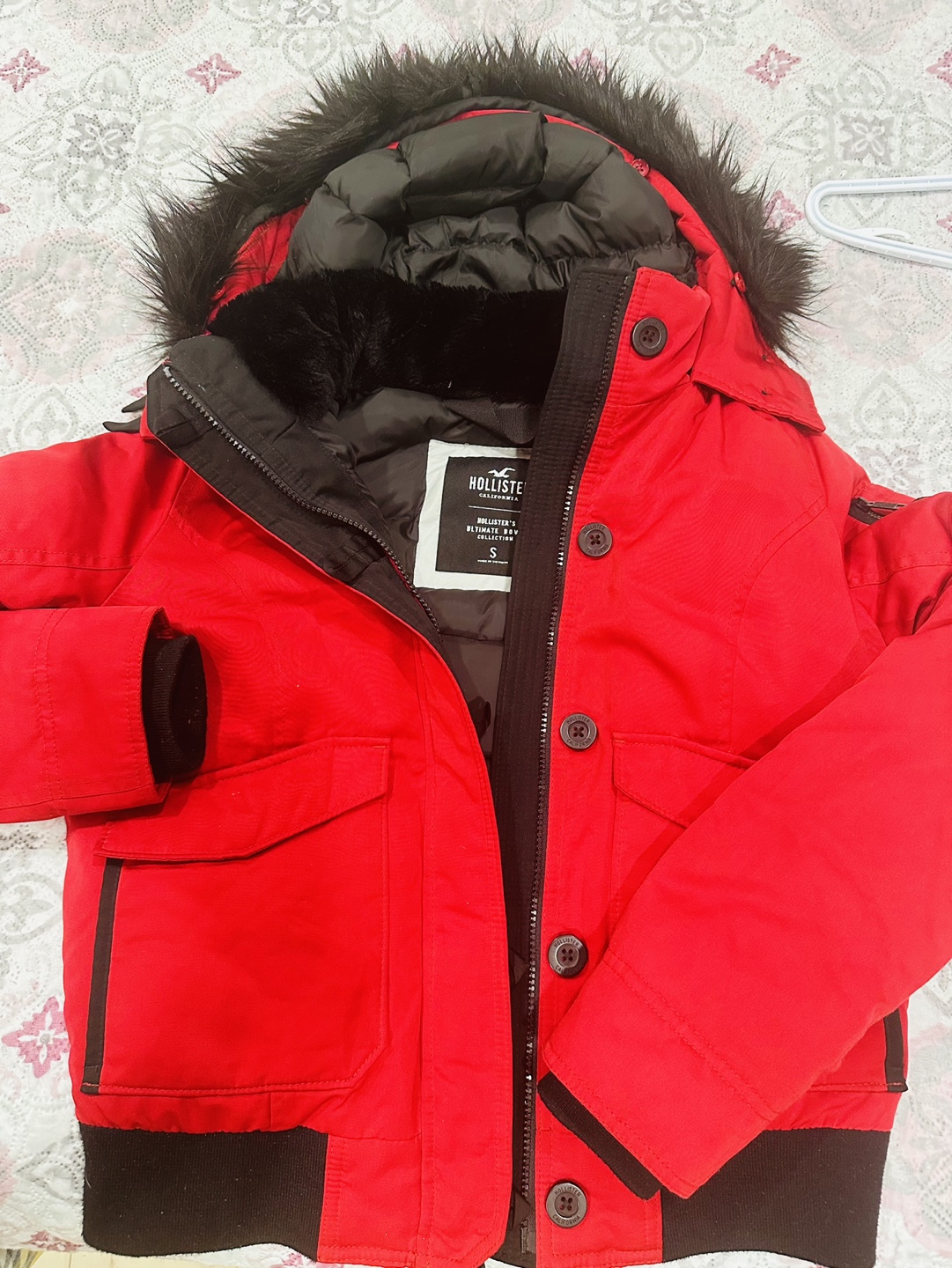 Hollister Red Winter Jacket with Fur Hood