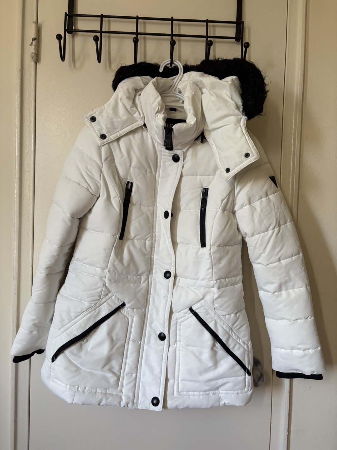Guess White Puffer Jacket with Faux Fur Hood