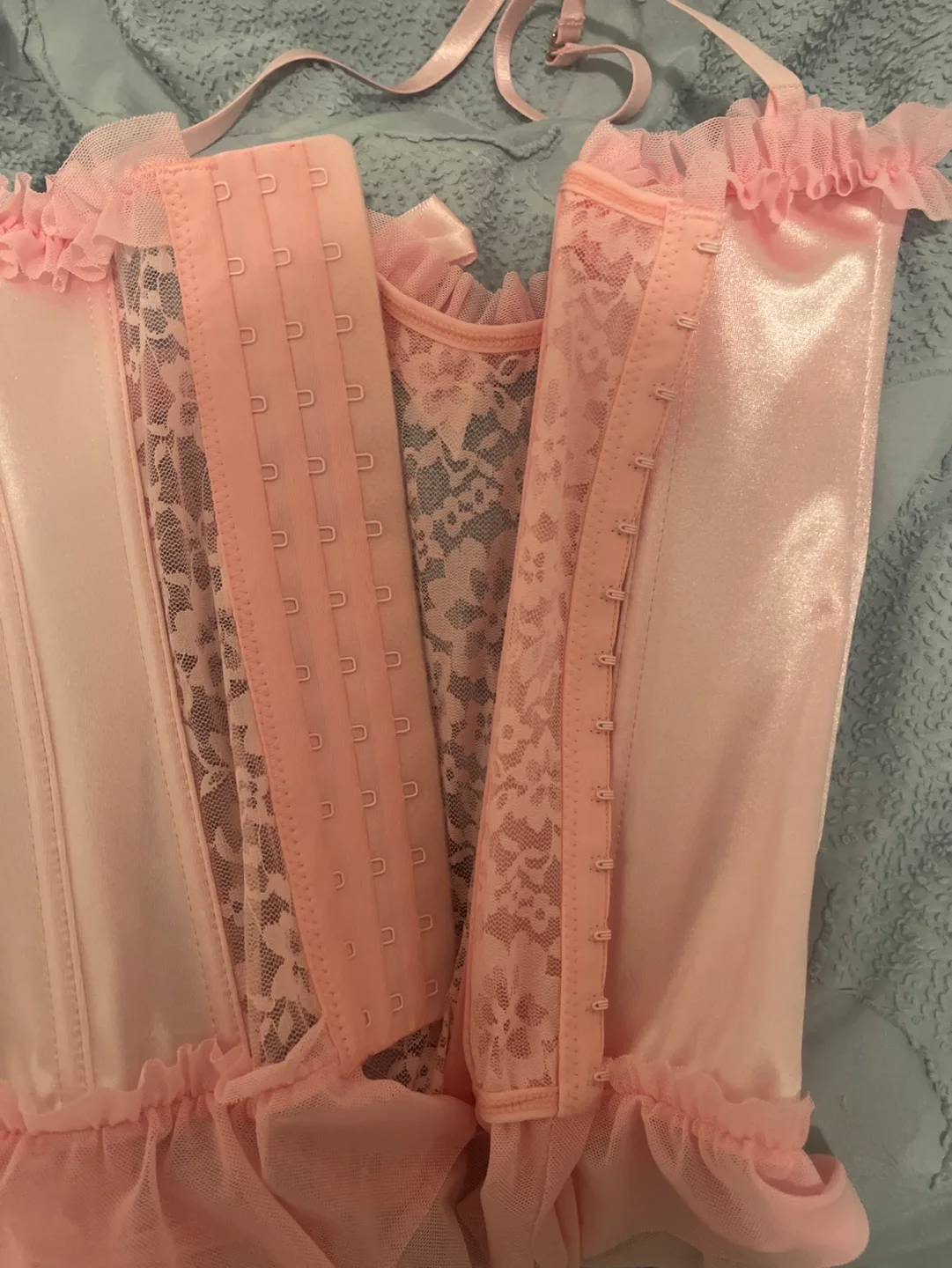 New Pink Satin and Lace Corset and G-string Set image indicator(4)