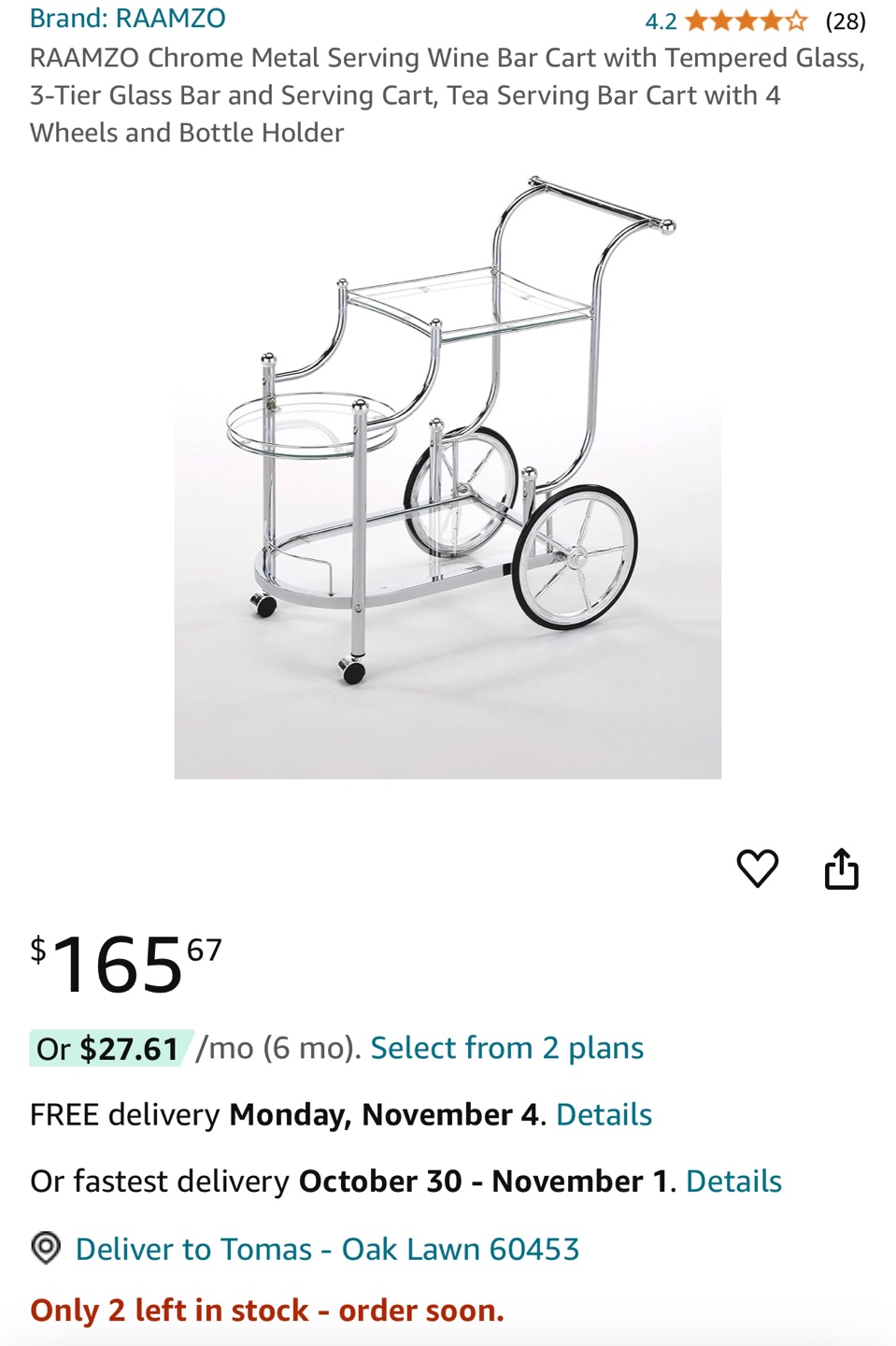 Chrome Bar Cart with Glass Shelves - photo 4