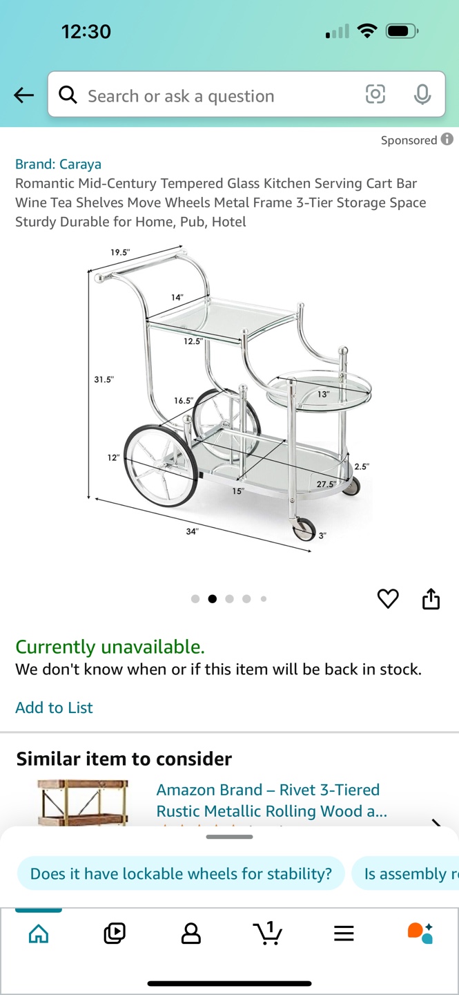 Chrome Bar Cart with Glass Shelves - photo 2
