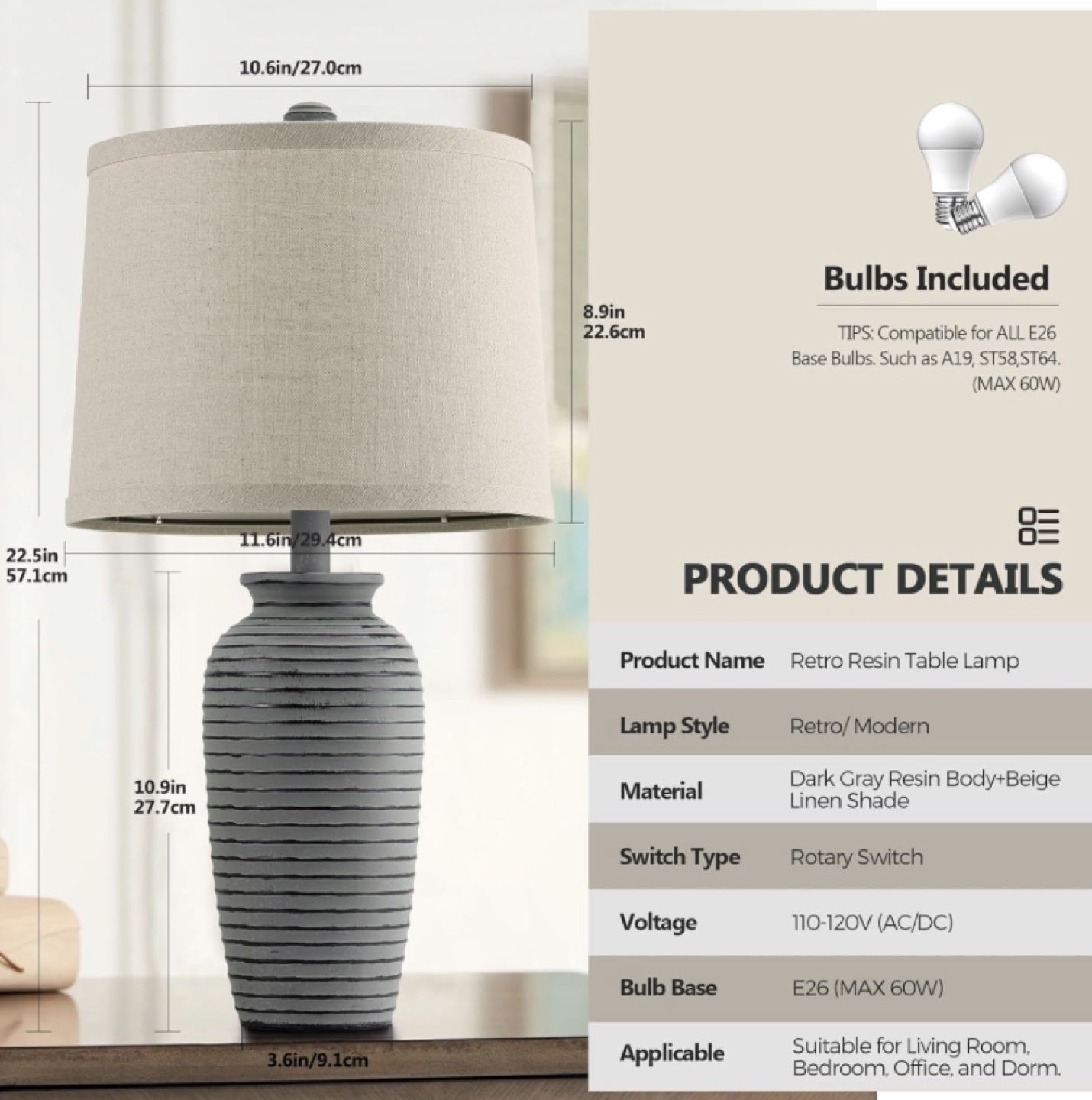 Table Lamp with Beige Linen Shade (Count 2) - photo 3