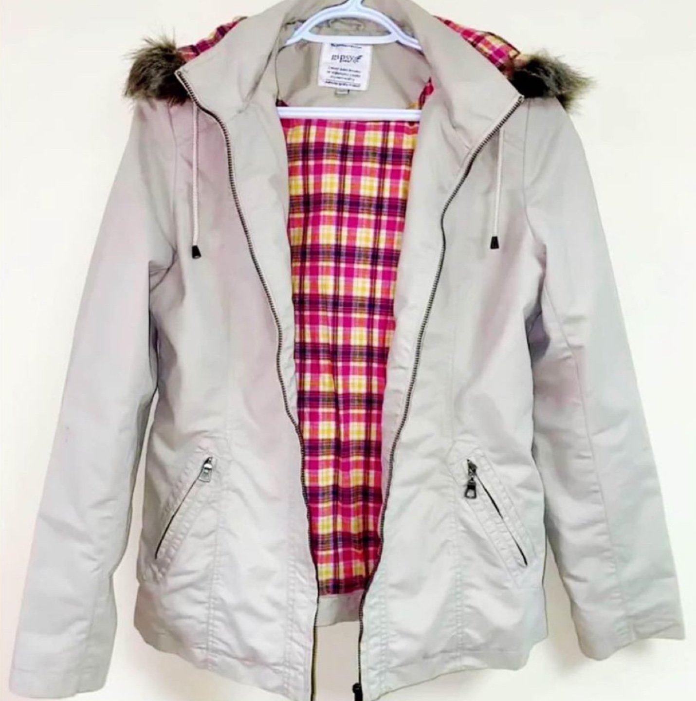 Women's Tan Hooded Jacket with Faux Fur