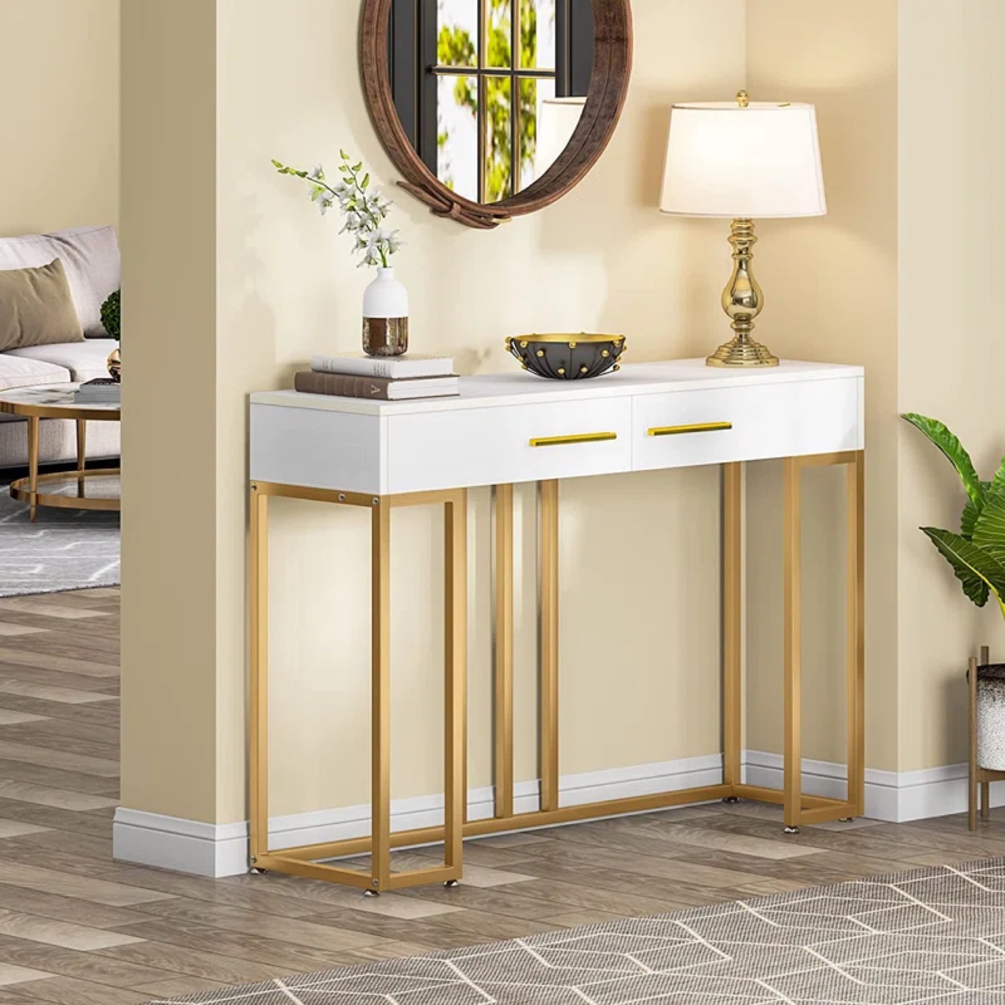 White and Gold Console Table with Two Drawers