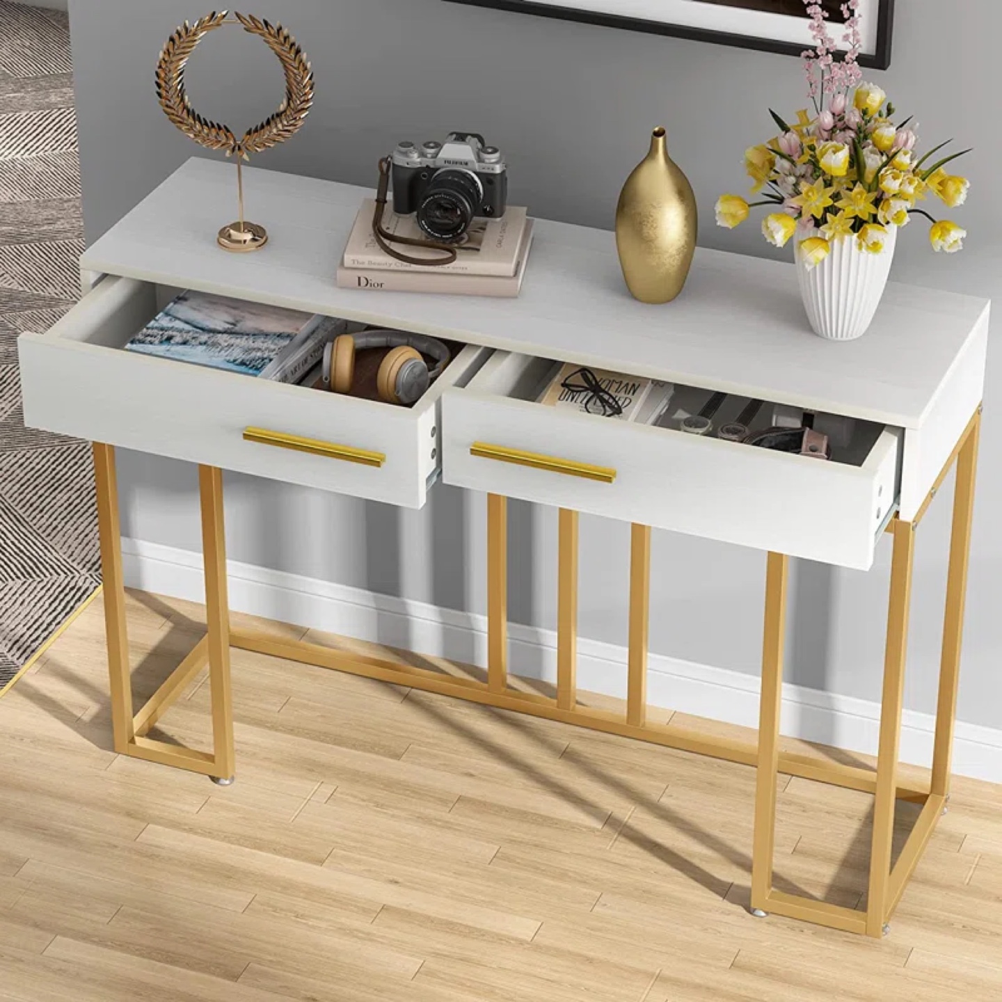 White and Gold Console Table with Two Drawers - photo 3