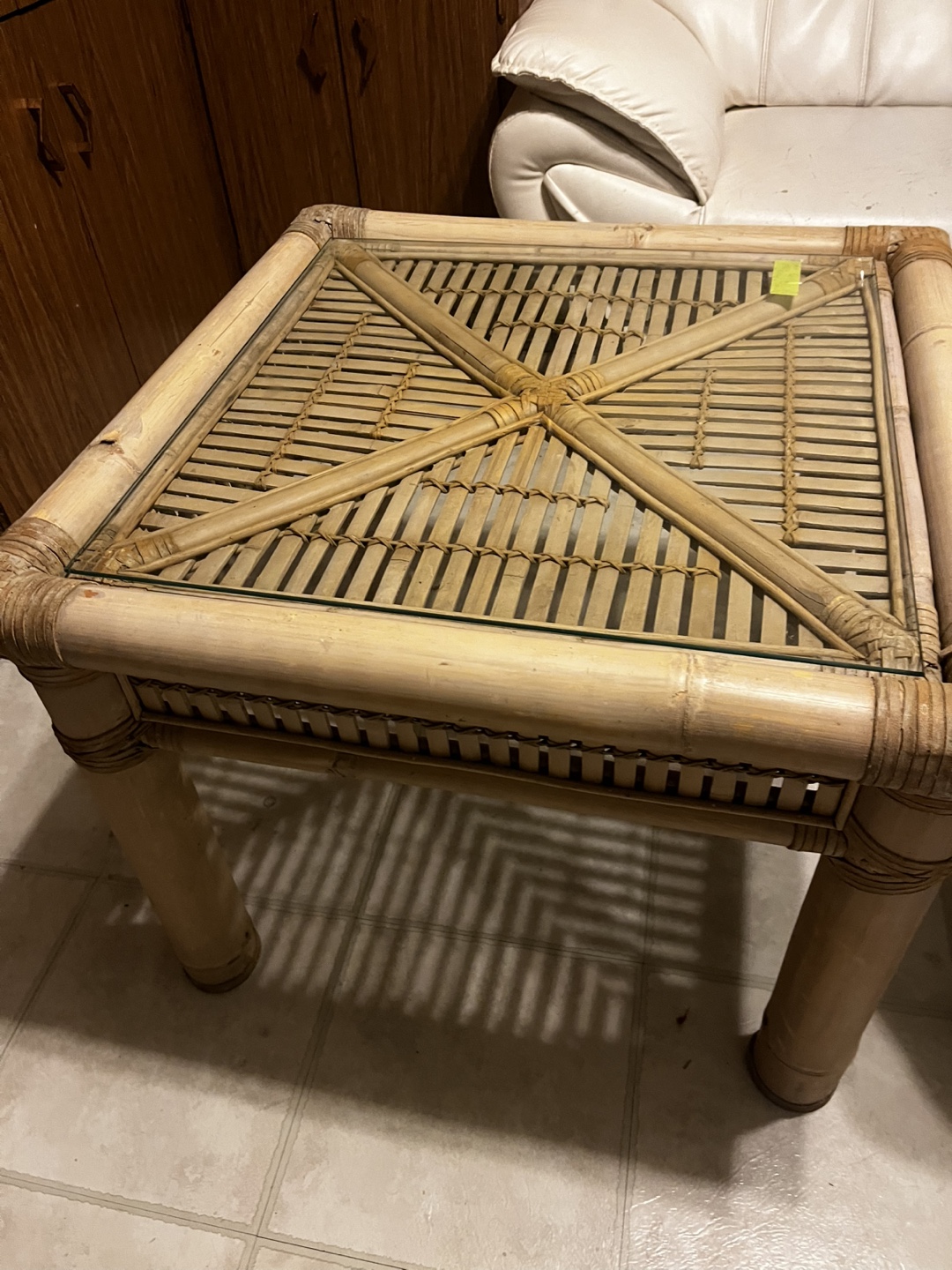 Bamboo end table with glass top