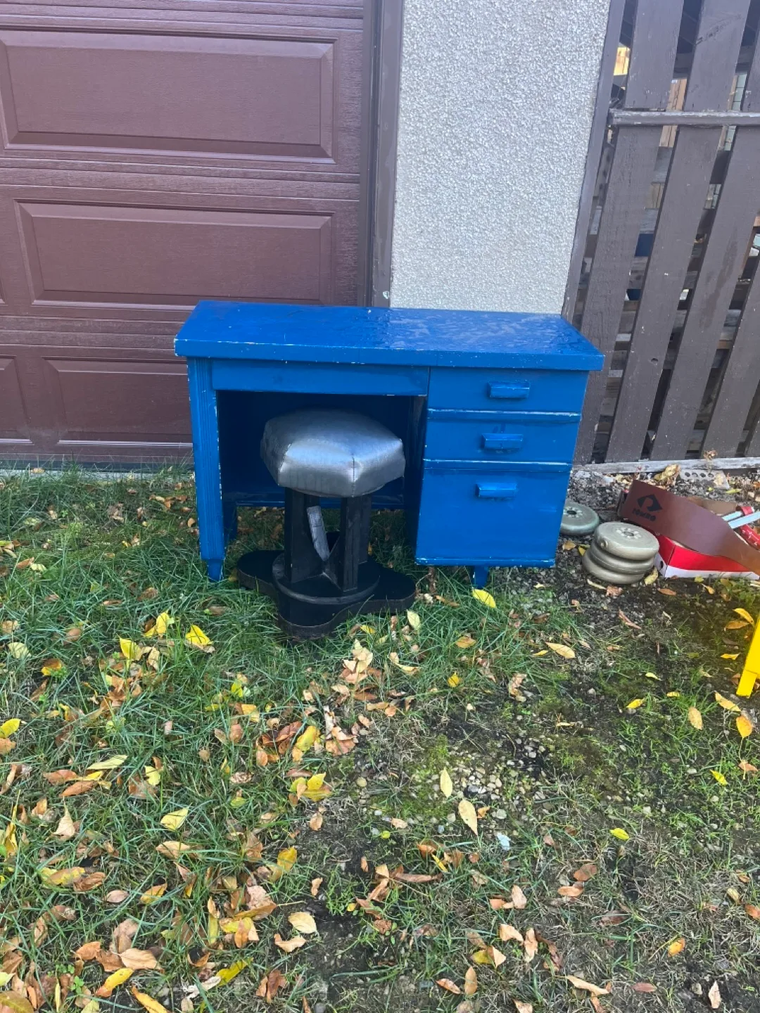 Vintage Blue Desk with Stool and Yellow Nightstand thumbnail