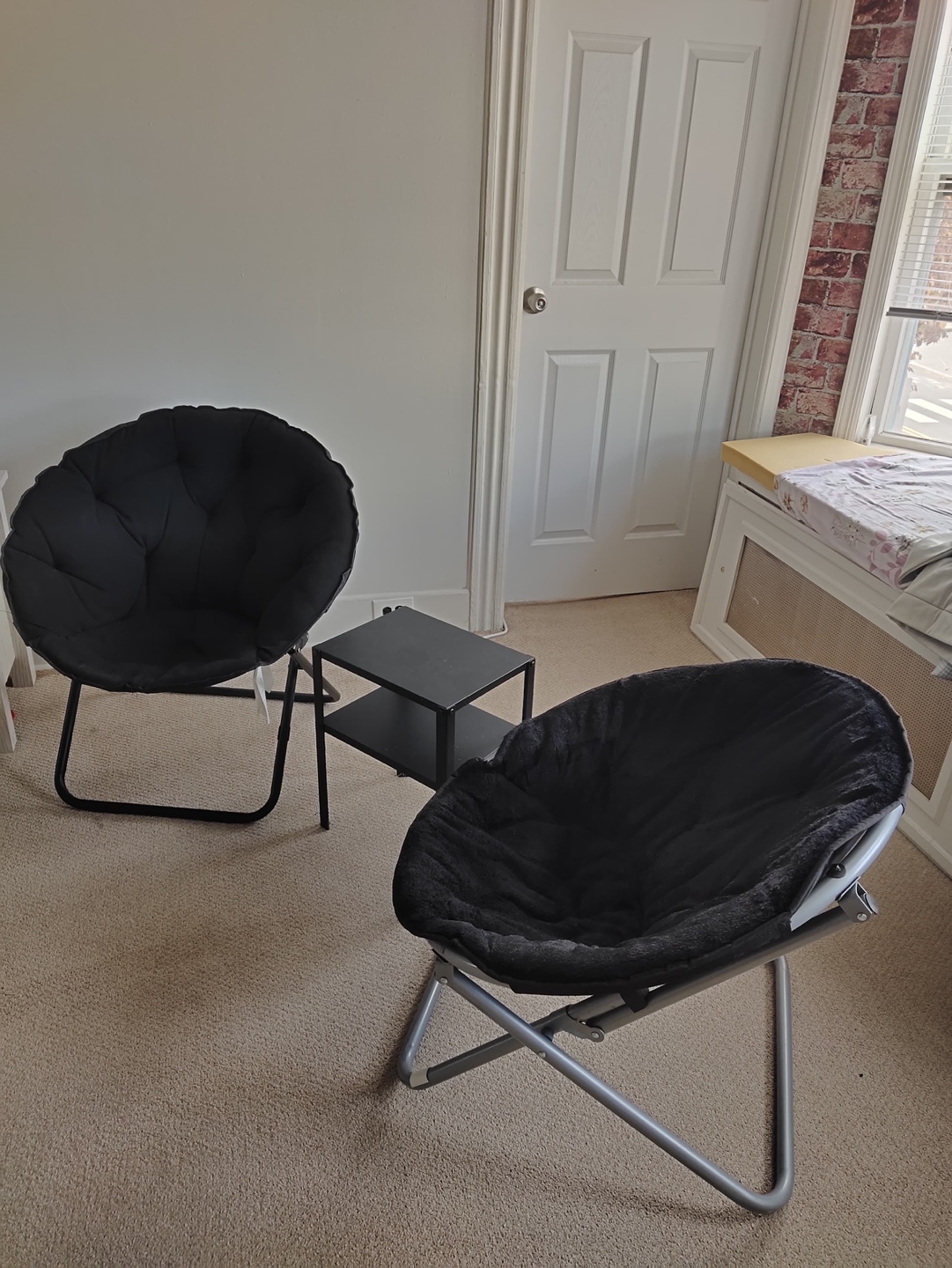 2 Black Folding Chairs and End Table