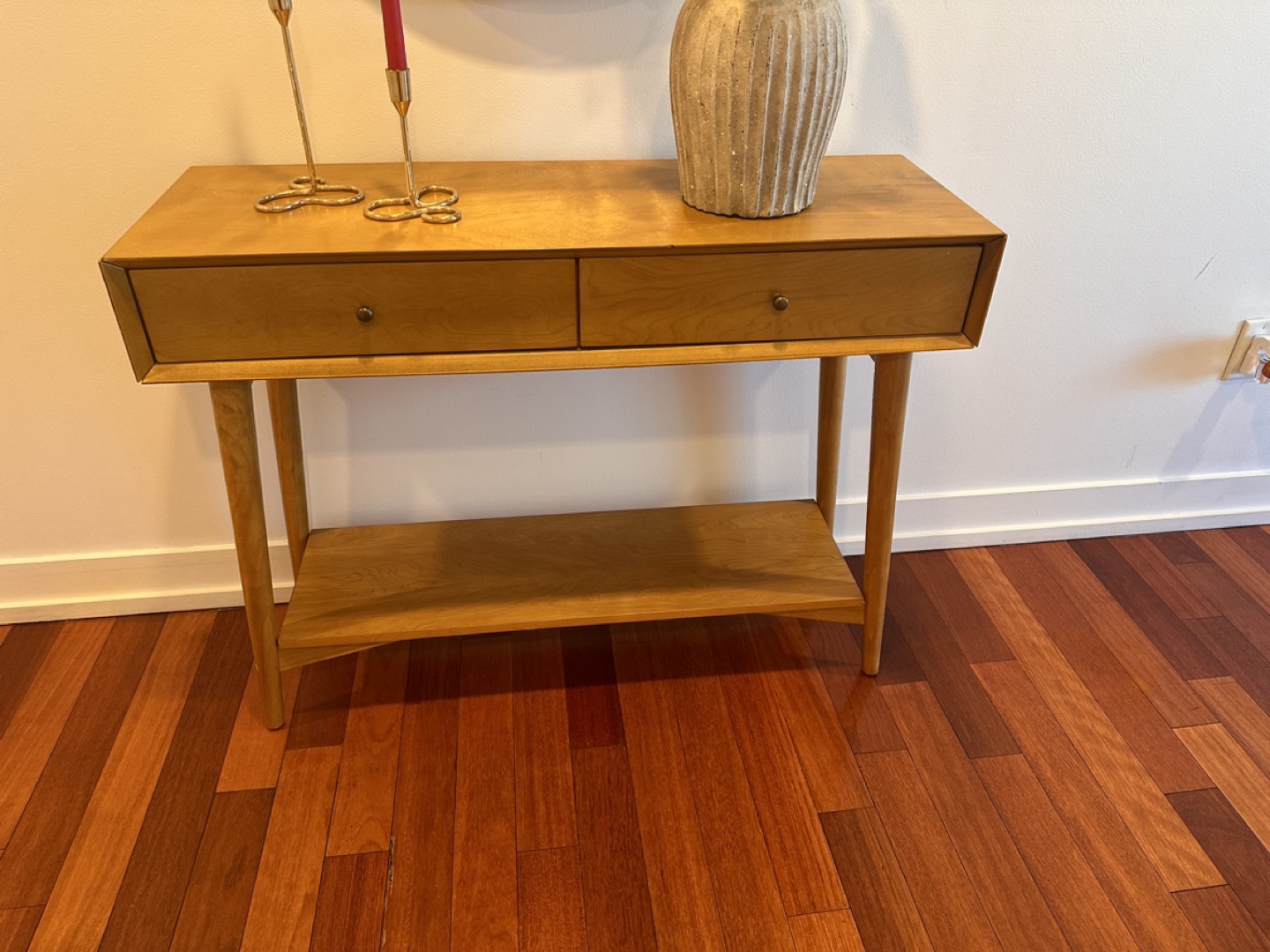 Mid Century Modern Console Table with Shelf and Two Drawers