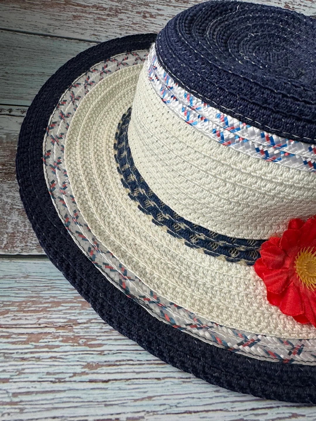 Blue and White Straw Hat with Flower image indicator(4)