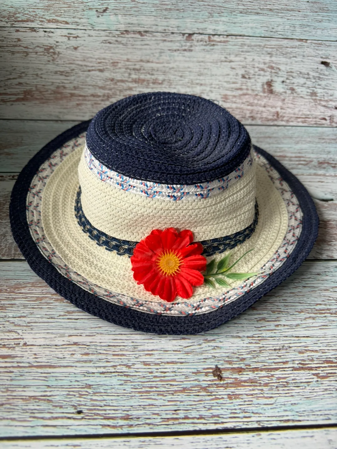 Blue and White Straw Hat with Flower image indicator(5)