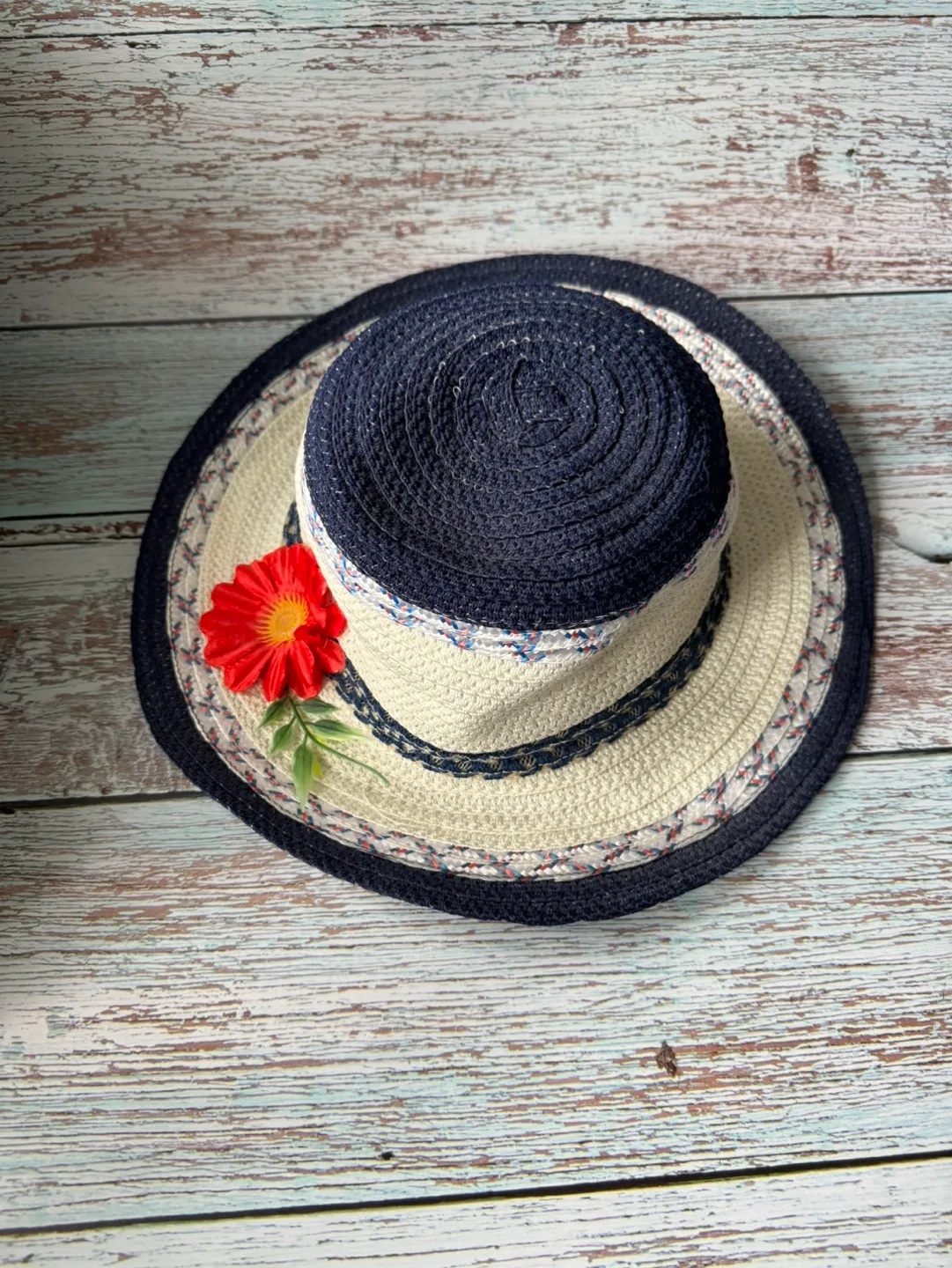 Blue and White Straw Hat with Flower image indicator(2)